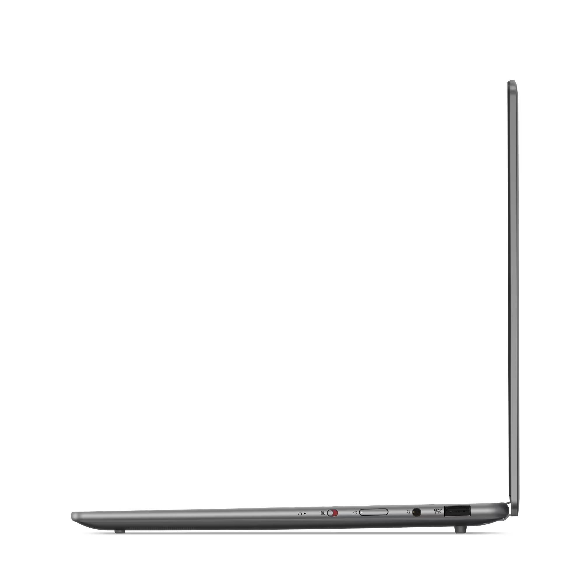 Vista laterale di un laptop grigio, aperto. Mostra porte e pulsante di accensione. Sfondo bianco.