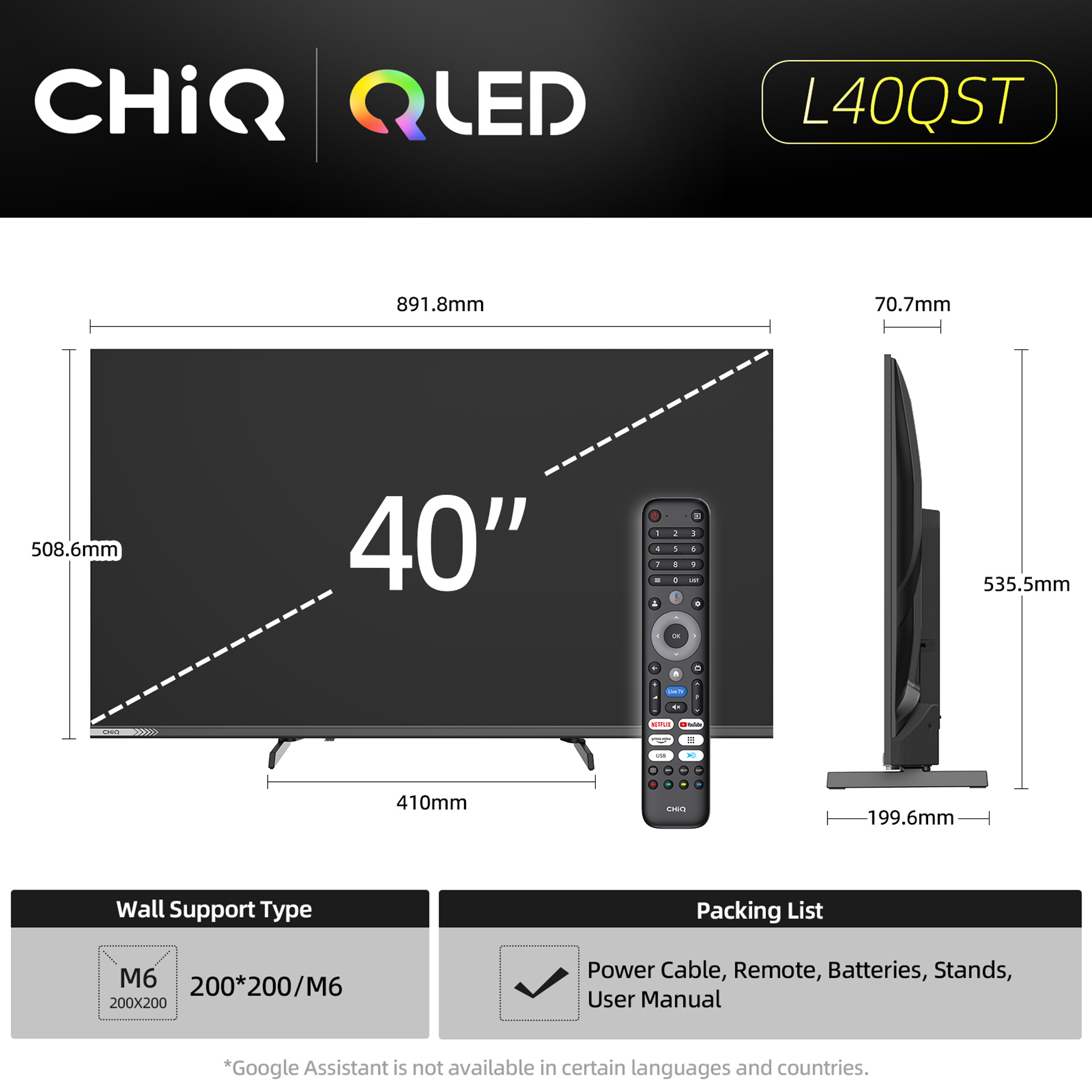 Telewizor CHiQ QLED L40QST. Ma ekran o przekątnej 40 cali, wymiary są pokazane. Pilot jest również obecny.