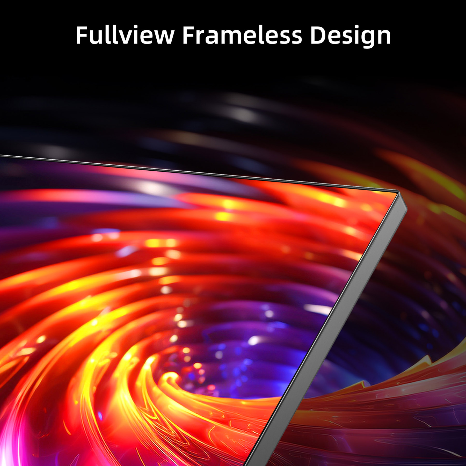 Widoczny jest róg monitora bez ramki z kolorowym, wirującym tłem w kolorze czerwonym, fioletowym i żółtym. Tekst: 'Fullview Frameless Design'.