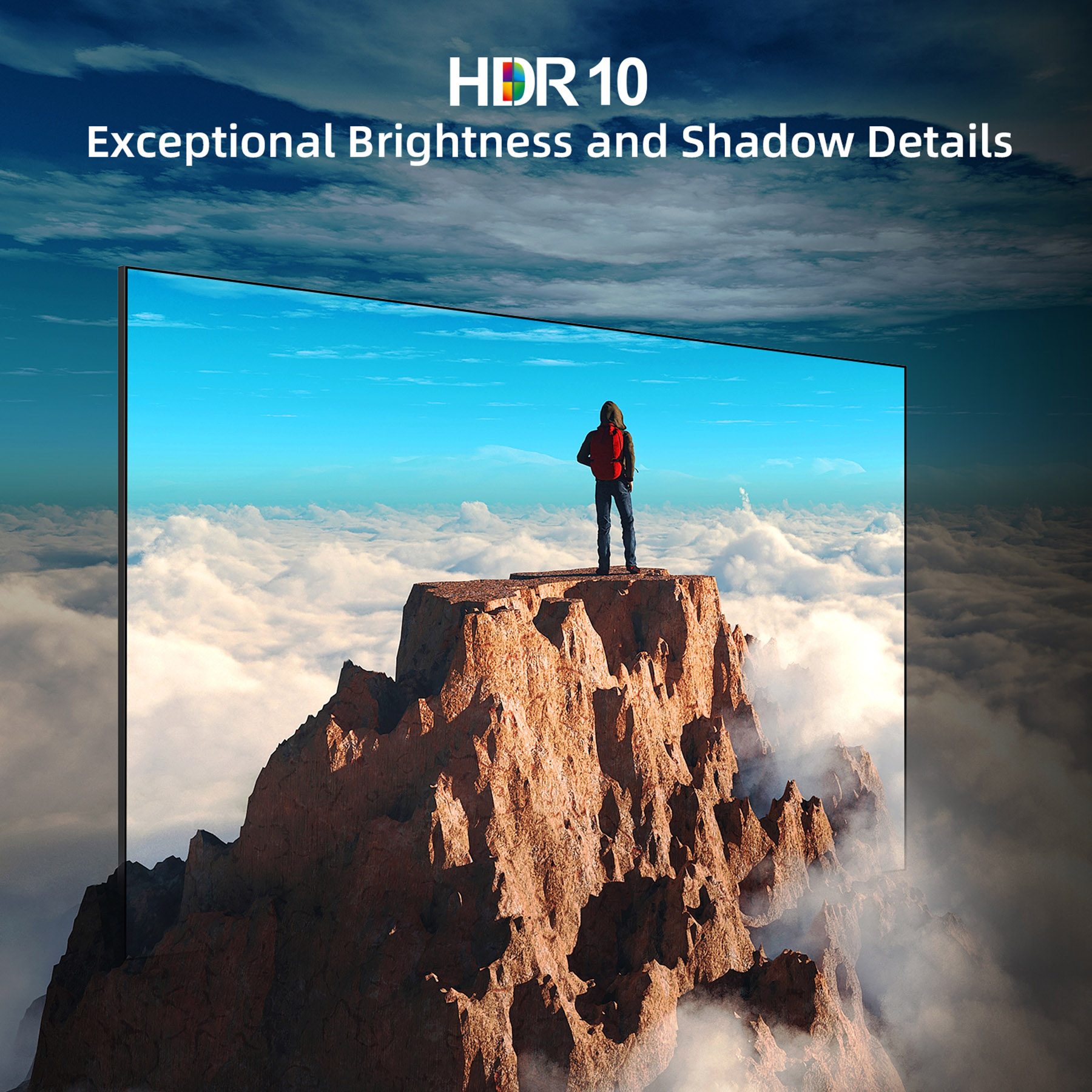 Osoba stoi na skale, przed gigantycznym ekranem. Widoczne jest niebo.