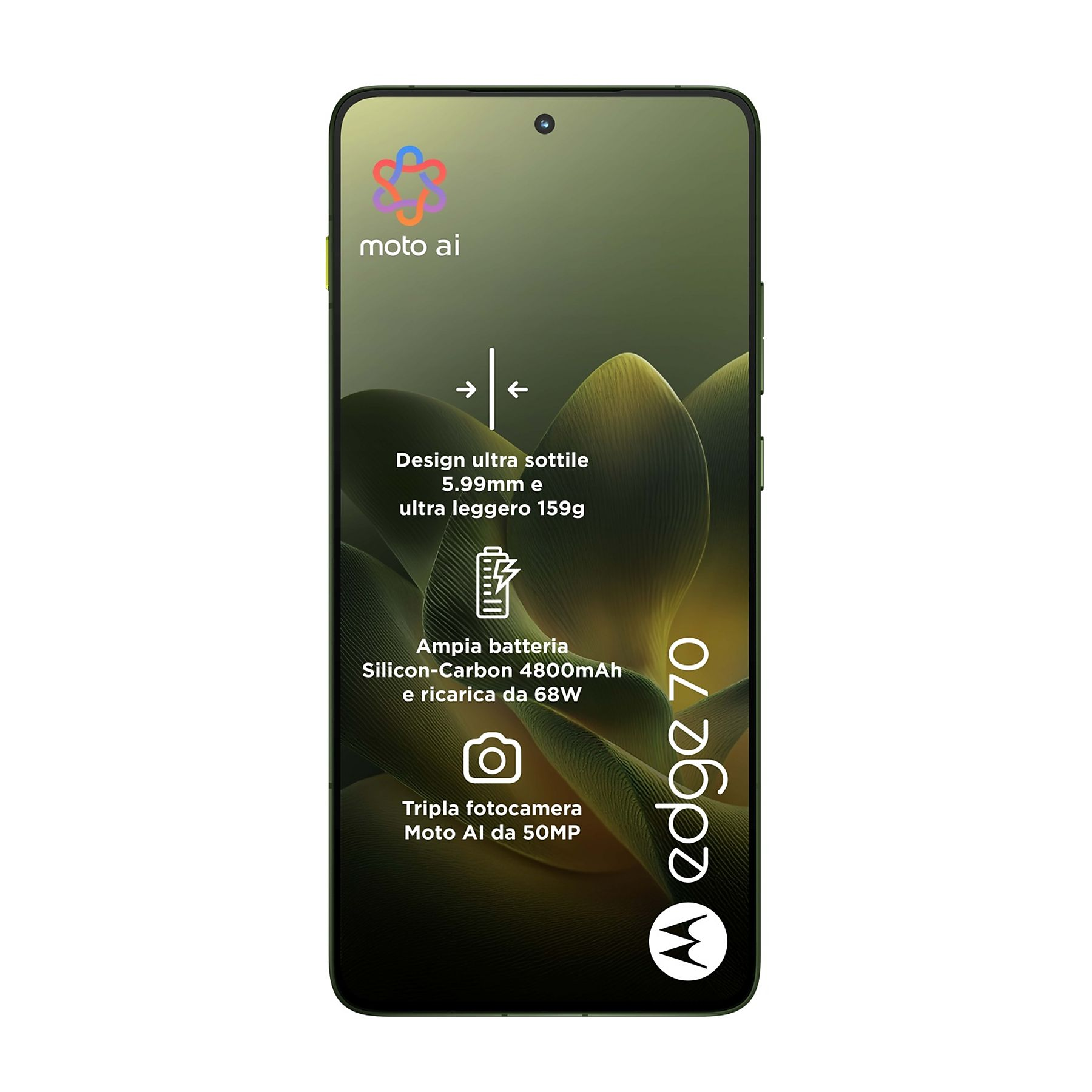 Telefon Motorola Edge 70, zielony. Pokazuje design, baterię i funkcje aparatu. Tło to zielony wzór.
