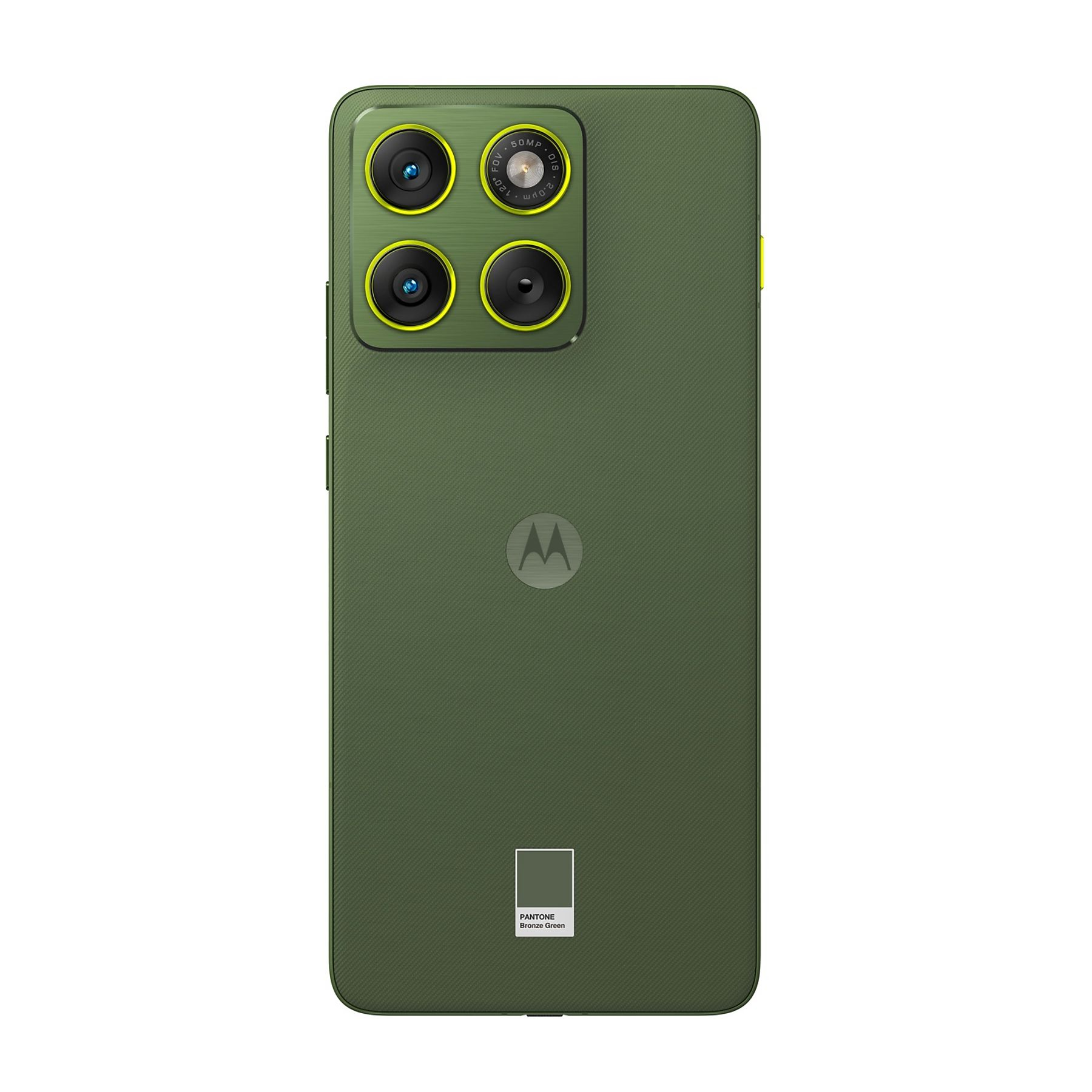 Zielony smartfon z czterema aparatami. Widoczne logo Motorola. Na dole próbnik kolorów Pantone.