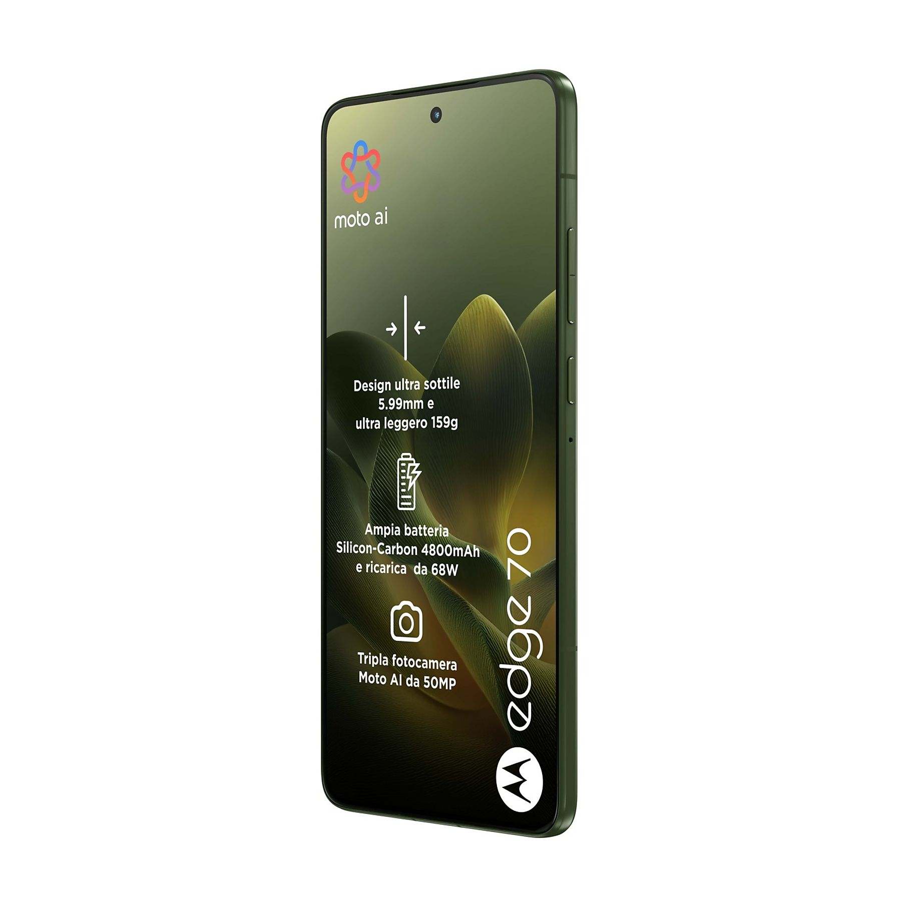 Smartfon na białym tle z tekstem. Posiada 'moto ai' i specyfikacje jak 'edge 70', potrójny aparat i bateria 4800mAh.