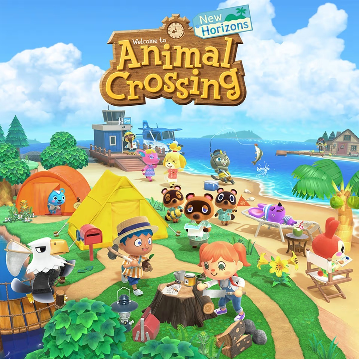 Scena z Animal Crossing. Postacie na plaży z namiotami, budynkami i samolotem. Czyste niebo, ocean i kreskówkowe zwierzęta.