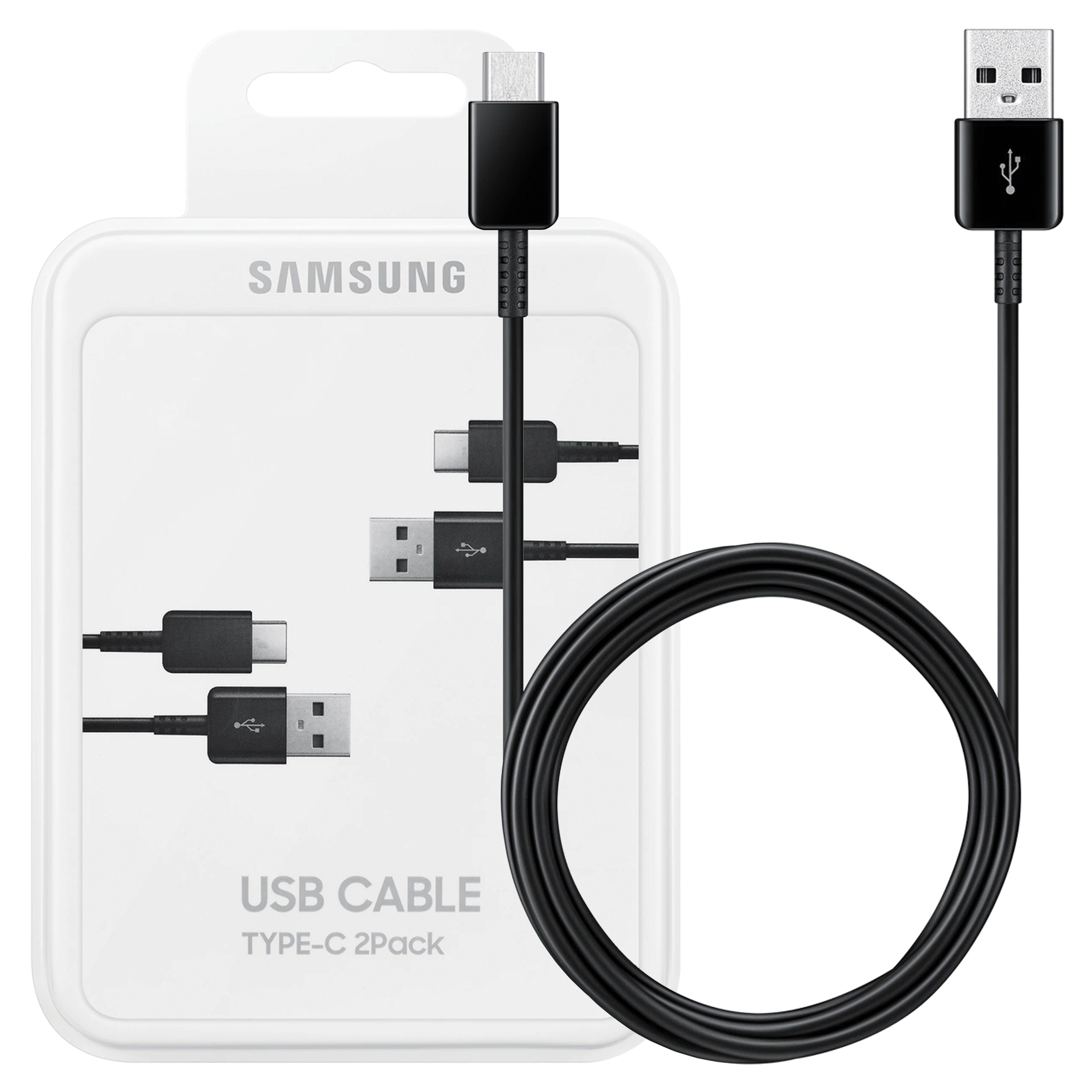 Samsung USB-Kabelpackung. Weiße Box mit schwarzen Kabeln, USB-C- und USB-Anschlüssen.