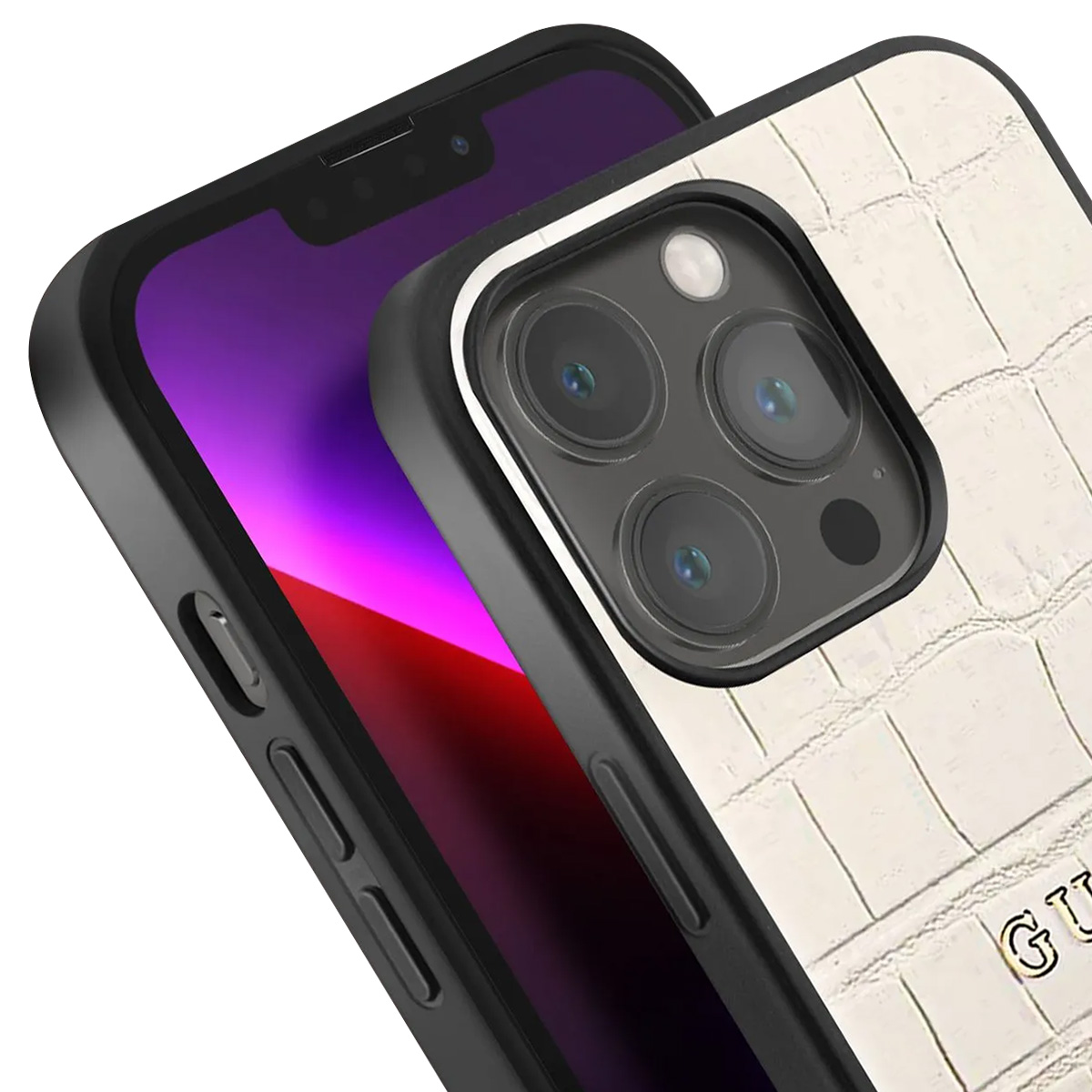 Primo piano di un telefono con una custodia strutturata color crema, una cornice nera e uno schermo viola e rosso.