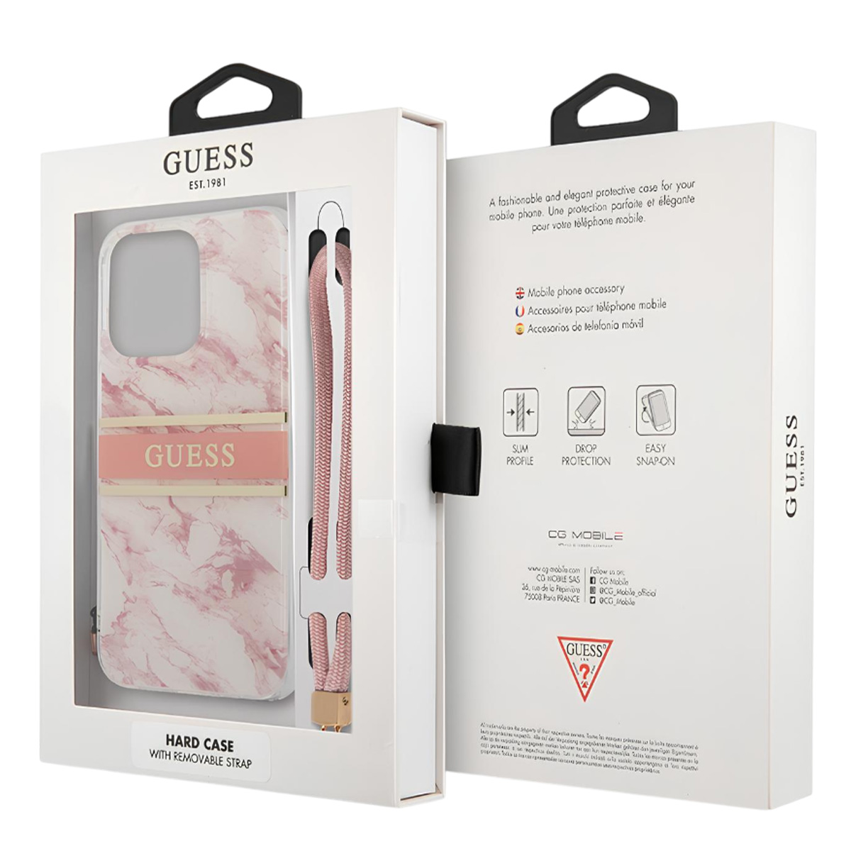 Eine Guess-Handyhülle in einer Schachtel. Die Hülle ist rosa und weiß und hat einen abnehmbaren Riemen.