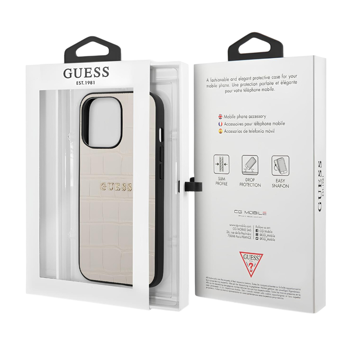 Una custodia per telefono Guess in una scatola. La custodia è color crema con il logo Guess. La scatola è bianca con testo.