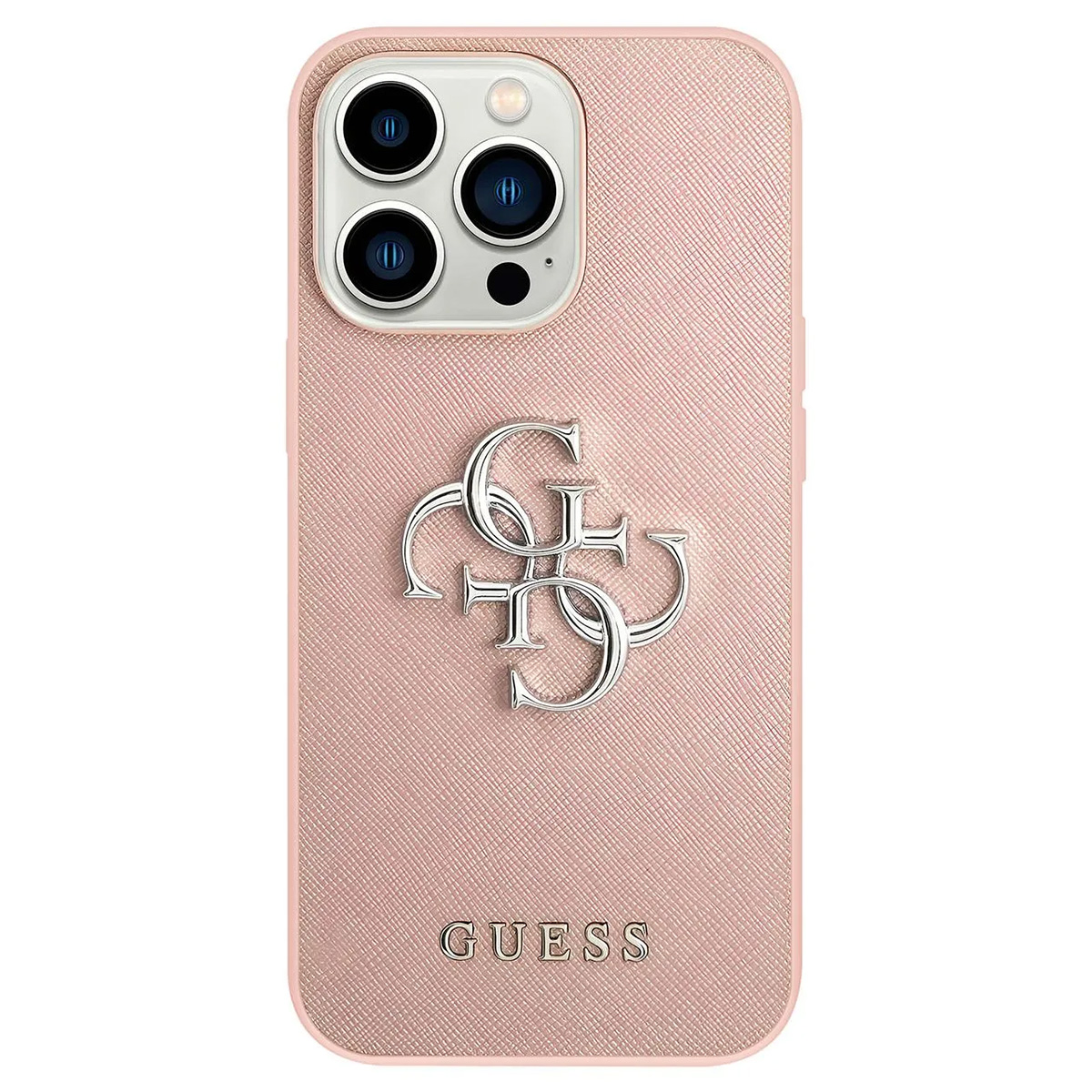 Custodia per telefono Guess rosa con logo argentato e lenti della fotocamera. Il logo Guess è centrato in basso.