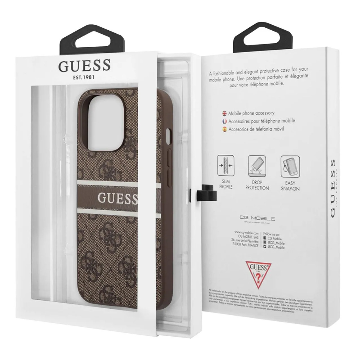 Una custodia Guess per telefono in una scatola. La custodia è marrone con il logo Guess. La scatola è bianca con testo.