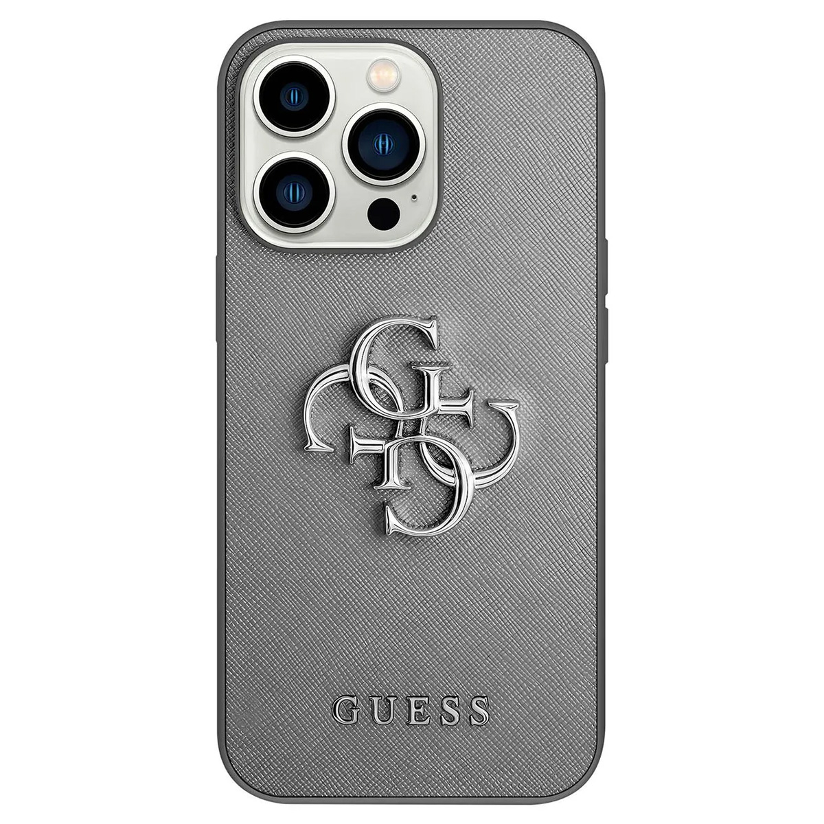 Una custodia grigia Guess con il logo del marchio. Ha un ritaglio per la fotocamera e la scritta "GUESS" in basso.