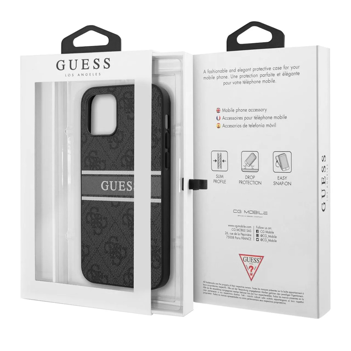 Una custodia per telefono Guess in una scatola bianca. La custodia è nera con il logo Guess. La scatola ha anche del testo.