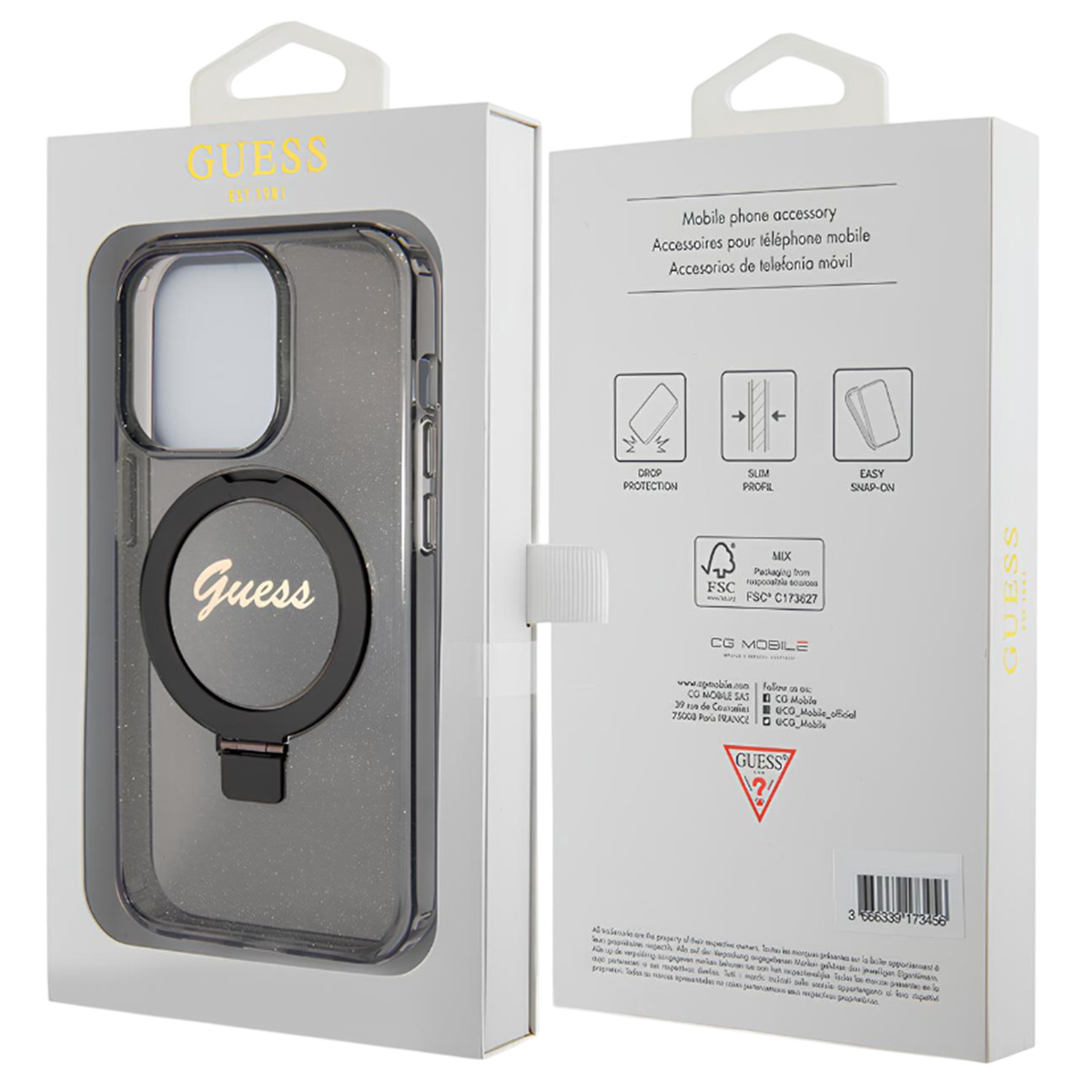 Una custodia Guess in una scatola. La custodia è grigia con un anello nero e il logo Guess. La scatola è bianca.