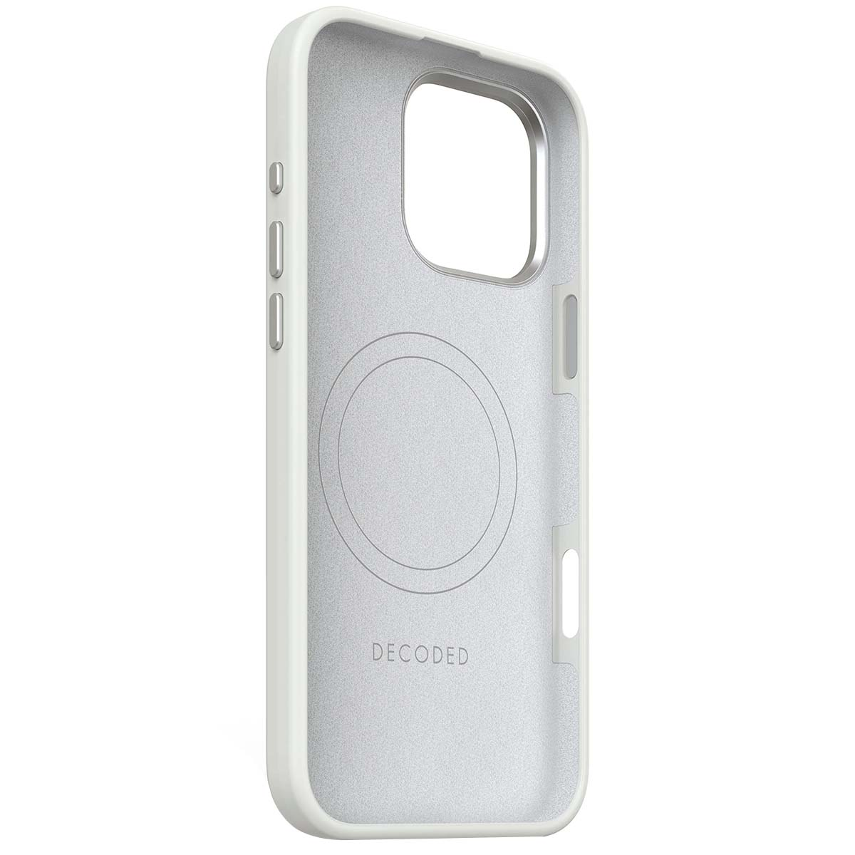Une coque de téléphone blanche avec un intérieur gris. Elle a des découpes pour l'appareil photo et les boutons. Le mot 'DECODED' est écrit à l'intérieur.