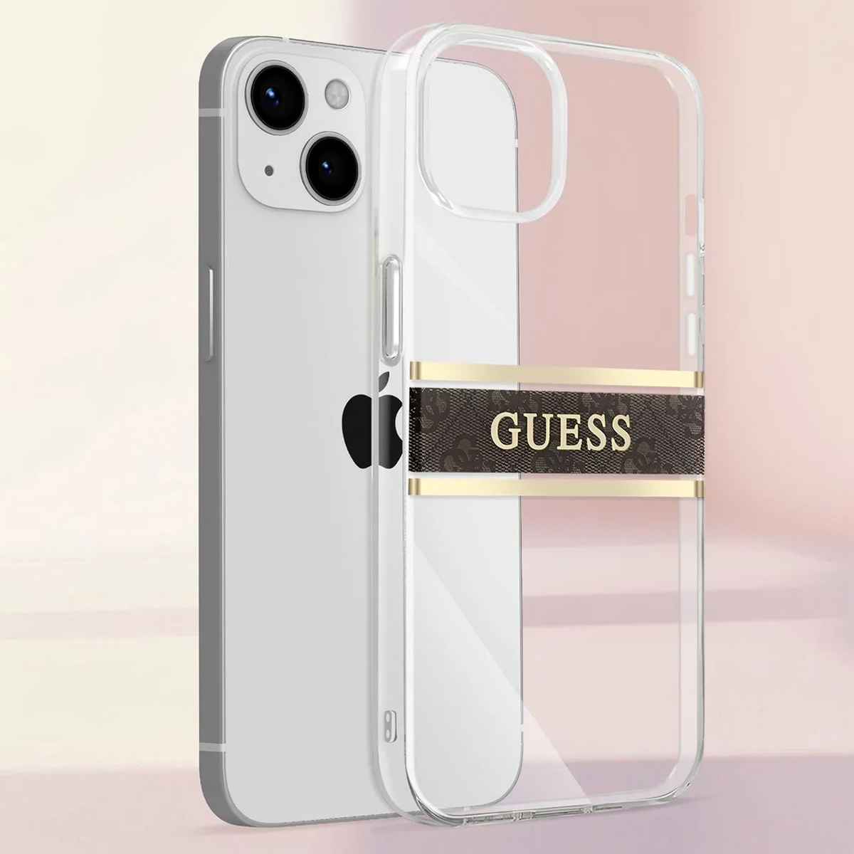 Un iPhone con una custodia trasparente con logo Guess. Il telefono è argentato, la custodia è trasparente con una fascia Guess marrone.