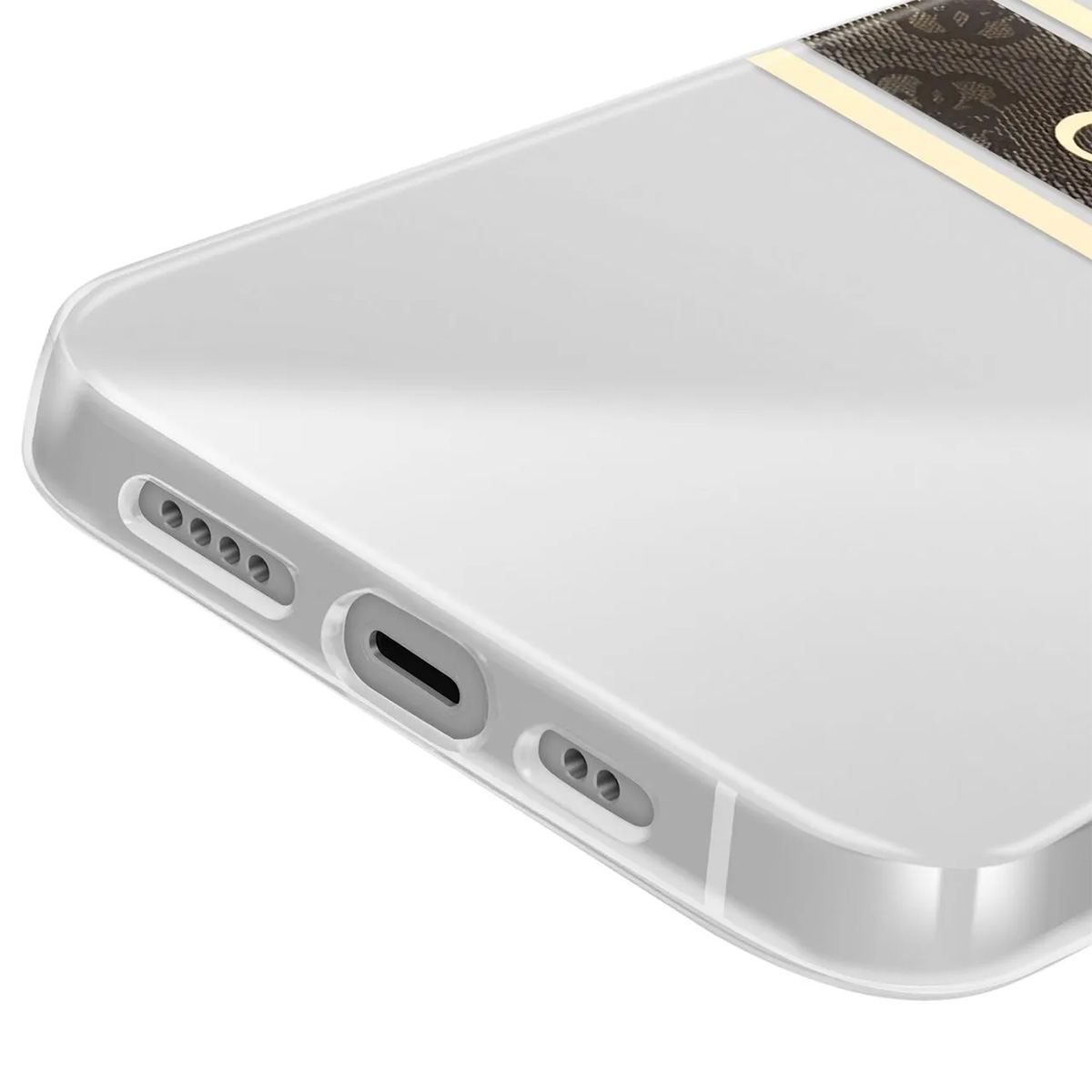 Custodia trasparente per telefono. Motivo marrone e beige sulla parte superiore. Il lato ha altoparlanti, porta di ricarica e microfono.