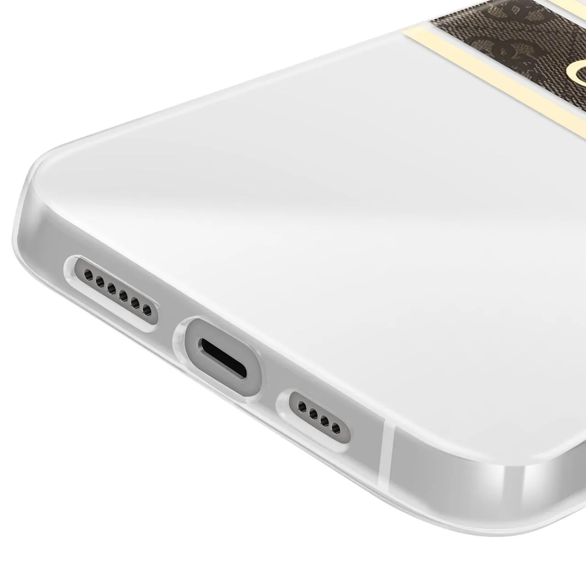 Primo piano di una custodia bianca per telefono con una striscia a motivi marrone e beige. La custodia ha aperture per porte e altoparlanti.