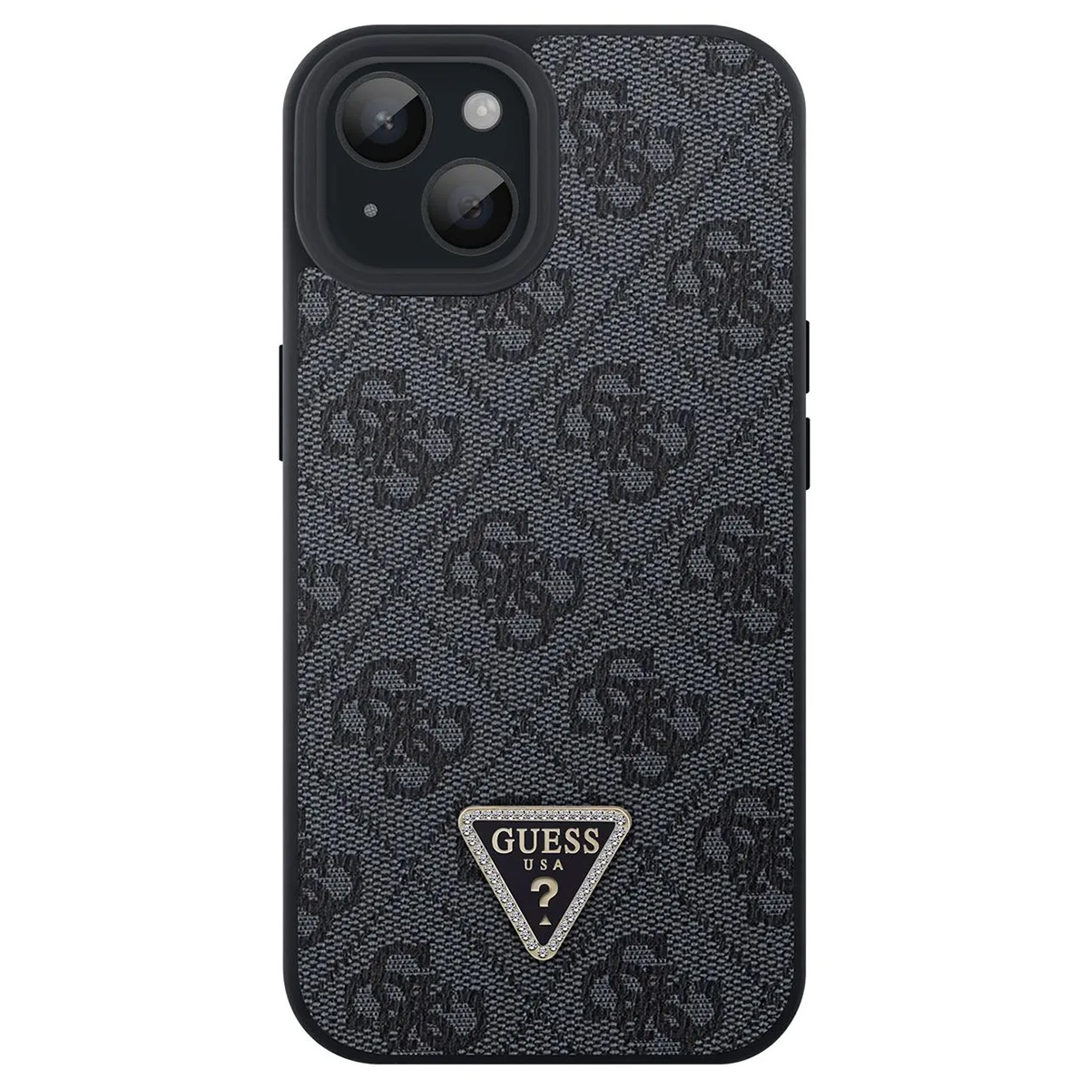 Custodia nera per iPhone con motivo e logo Guess. La custodia ha un ritaglio per la fotocamera e pulsanti laterali.