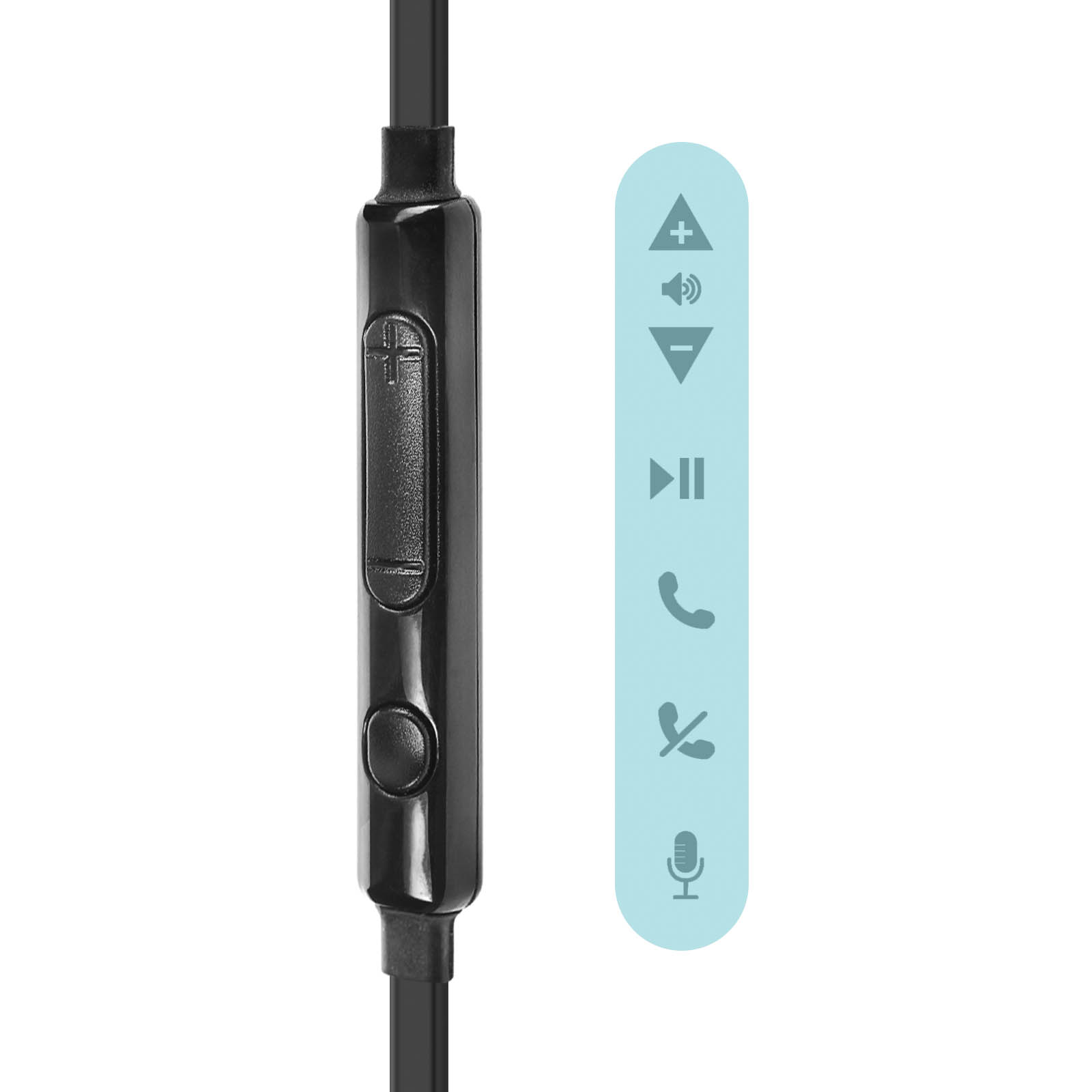 Control de auriculares negro con botones e iconos de volumen, reproducción y teléfono sobre fondo blanco.