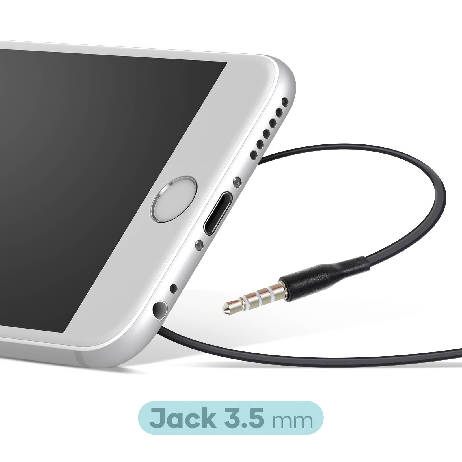 Un teléfono inteligente plateado con una pantalla negra y un conector de audio negro conectado. El conector está etiquetado como 'Jack 3,5 mm'.