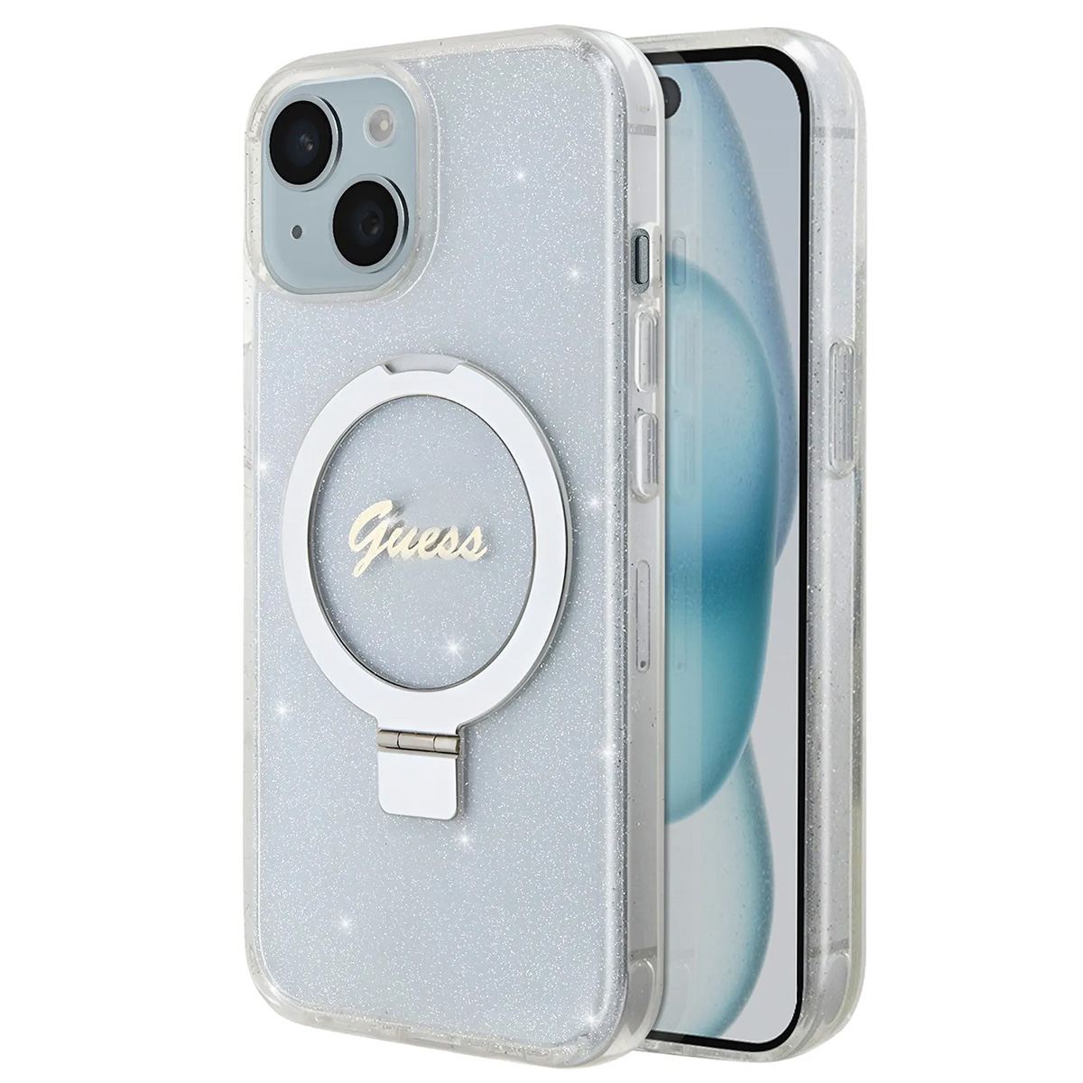 Una custodia trasparente per telefono con un anello con logo Guess argentato, sfondo glitterato e un telefono all'interno. Sfondo bianco.