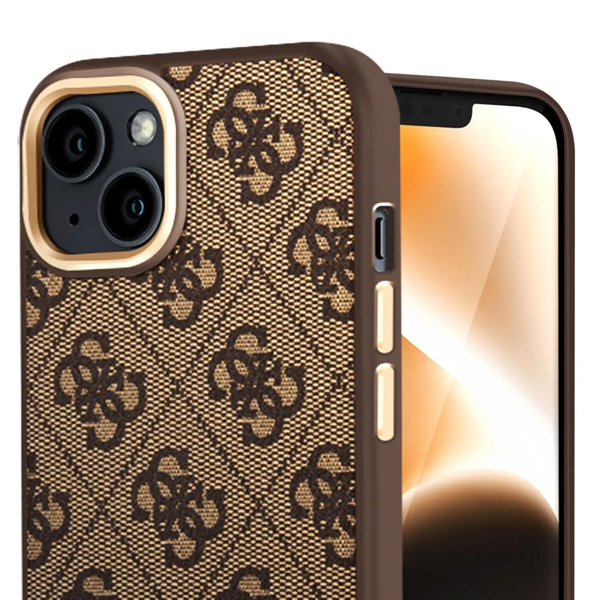 È mostrata una custodia marrone con motivo Guess, insieme al telefono. La custodia è rifinita con dettagli dorati.