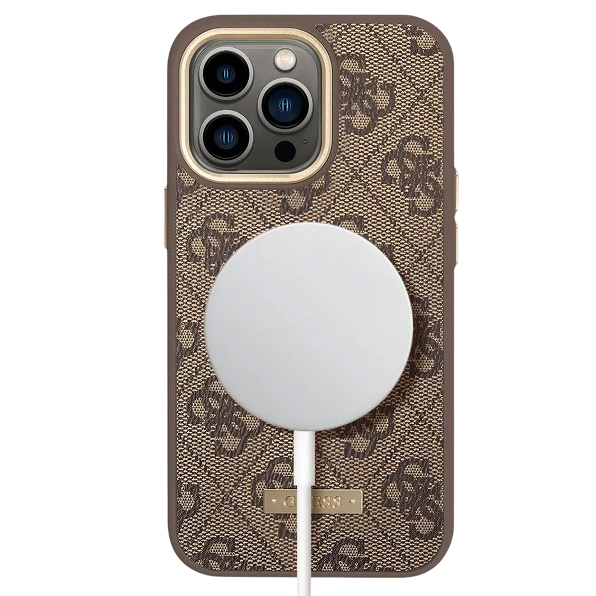Custodia per telefono con motivo Guess e caricatore bianco. Il telefono ha una fotocamera e un bordo dorato.