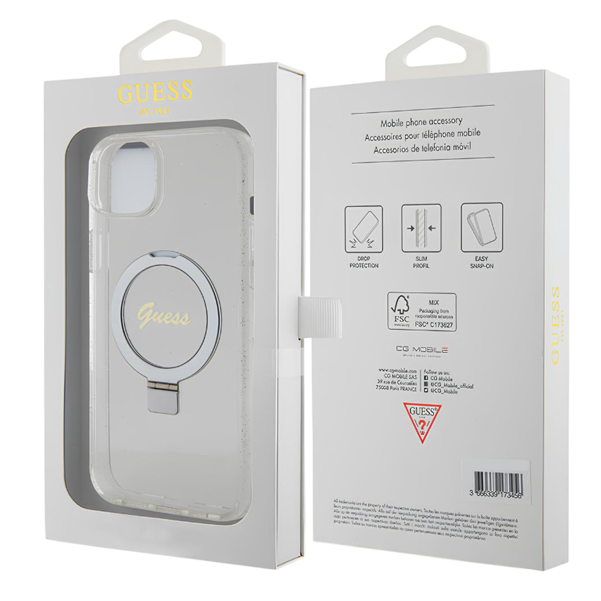 Una custodia per telefono Guess in una scatola bianca. La custodia è trasparente con un anello argentato. Il testo include Guess e accessori.