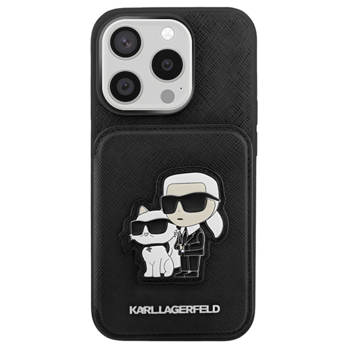 Custodia nera per telefono con design di Karl Lagerfeld e un gatto, entrambi con occhiali da sole. Il marchio è in basso.