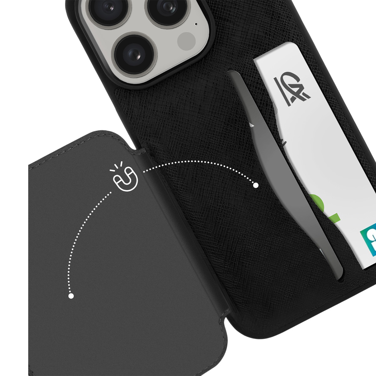 Custodia per telefono nera con scomparti per carte. Una carta è visibile. La custodia ha una chiusura magnetica, indicata da una linea tratteggiata e un simbolo.