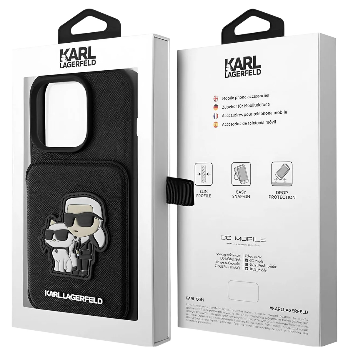 Una custodia per telefono in una scatola. La custodia è nera con un design Karl Lagerfeld. La scatola è bianca con testo e loghi.