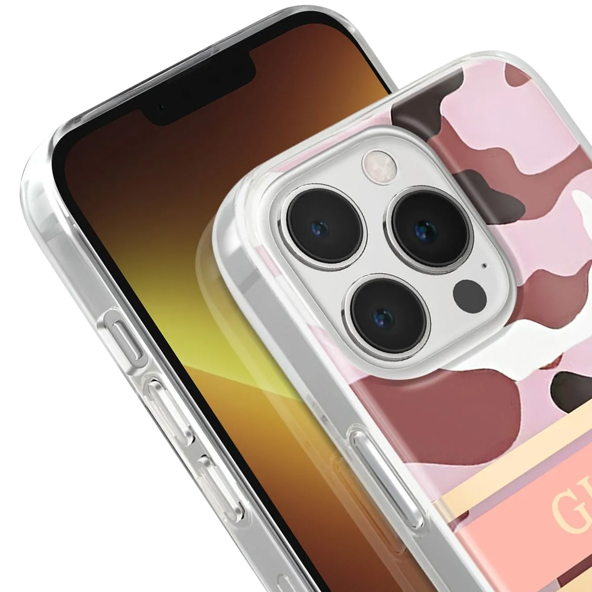 Primo piano di un telefono con una custodia mimetica rosa. La custodia ha una cornice trasparente e lo schermo del telefono è visibile.