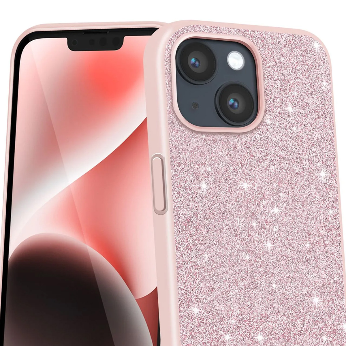Una custodia rosa glitterata accanto a un telefono. Lo schermo del telefono è visibile, mostra un'immagine dai toni rossi. La custodia ha ritagli per la fotocamera.