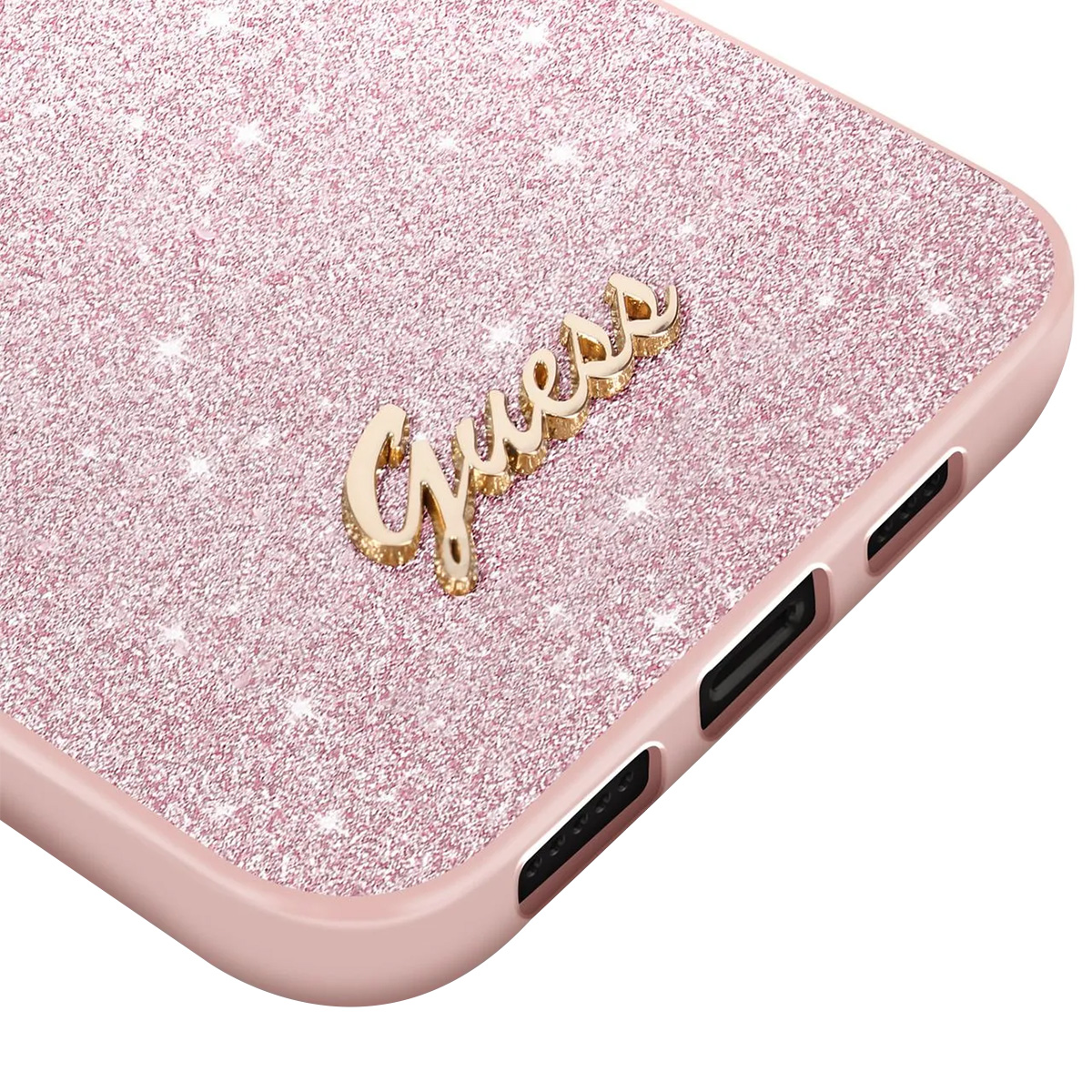Custodia rosa con glitter, logo 'Guess' dorato e pulsanti laterali.