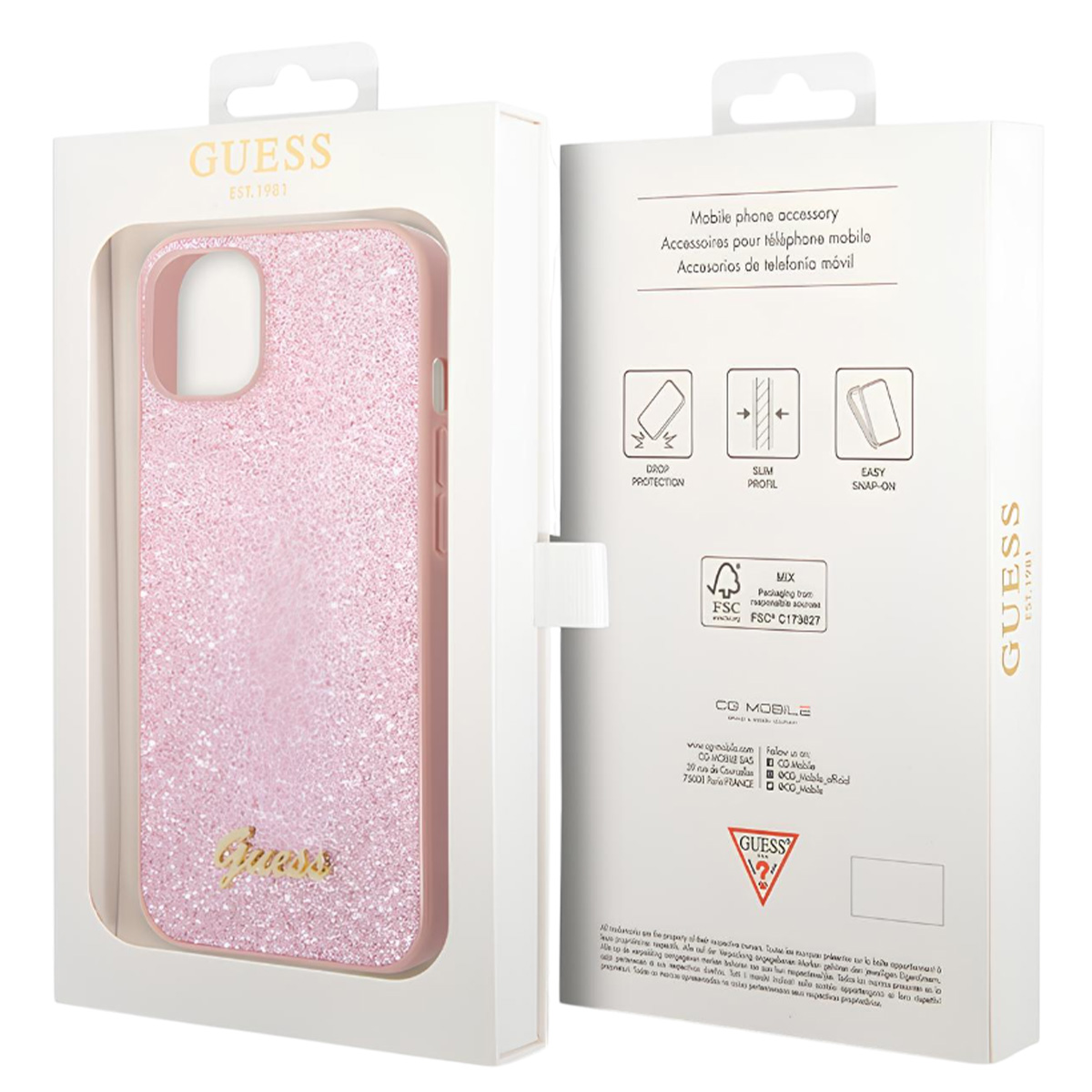 Custodia per telefono Guess rosa in una scatola bianca. La scatola ha il logo Guess. La custodia è scintillante, con logo Guess.