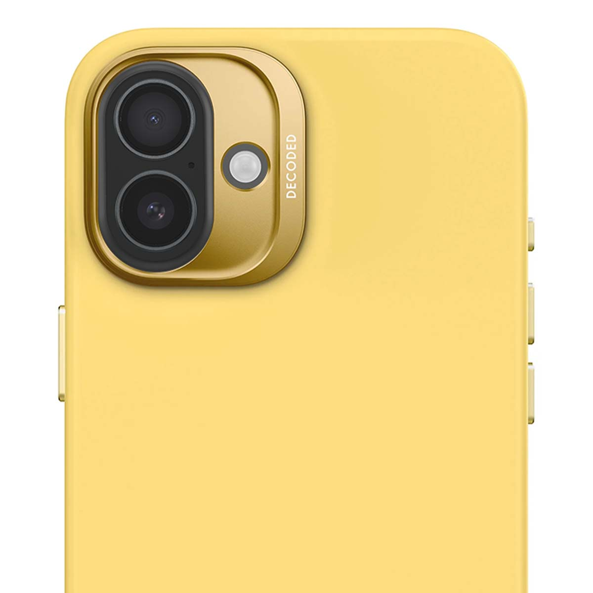 Primo piano di una custodia per telefono gialla con un modulo fotocamera dorato. La parola "DECODED" è scritta sul modulo dorato.