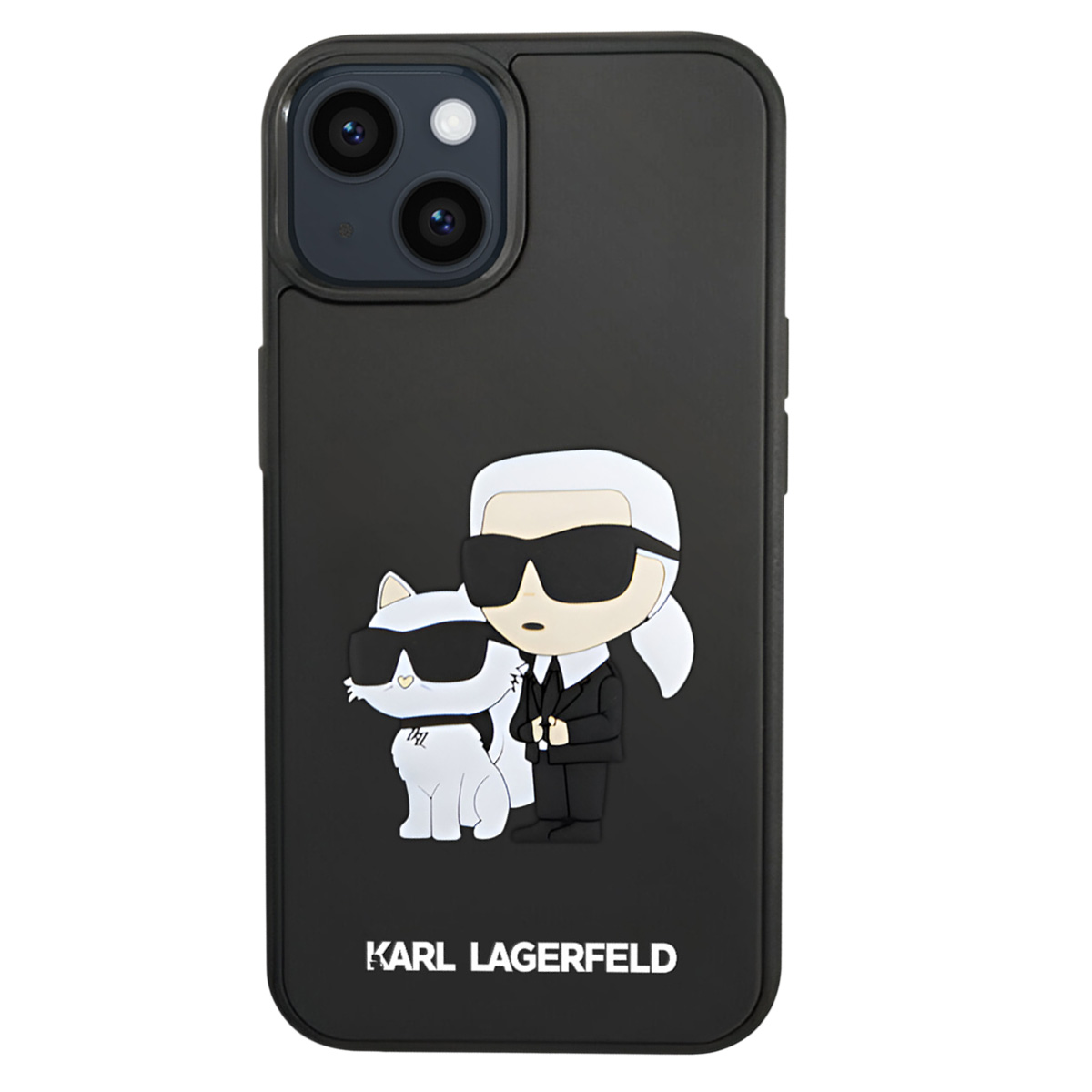 Custodia per telefono nera con design Karl Lagerfeld e Choupette. Presenta occhiali da sole e capelli bianchi. Il testo in basso recita 'Karl Lagerfeld'.