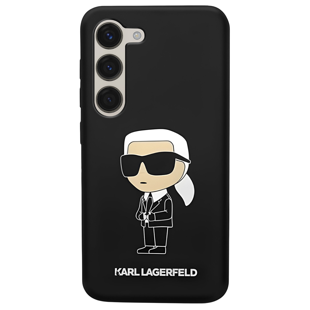 Custodia per telefono nera con design Karl Lagerfeld. Presenta un cartone animato di Karl Lagerfeld con occhiali da sole e il nome del marchio.