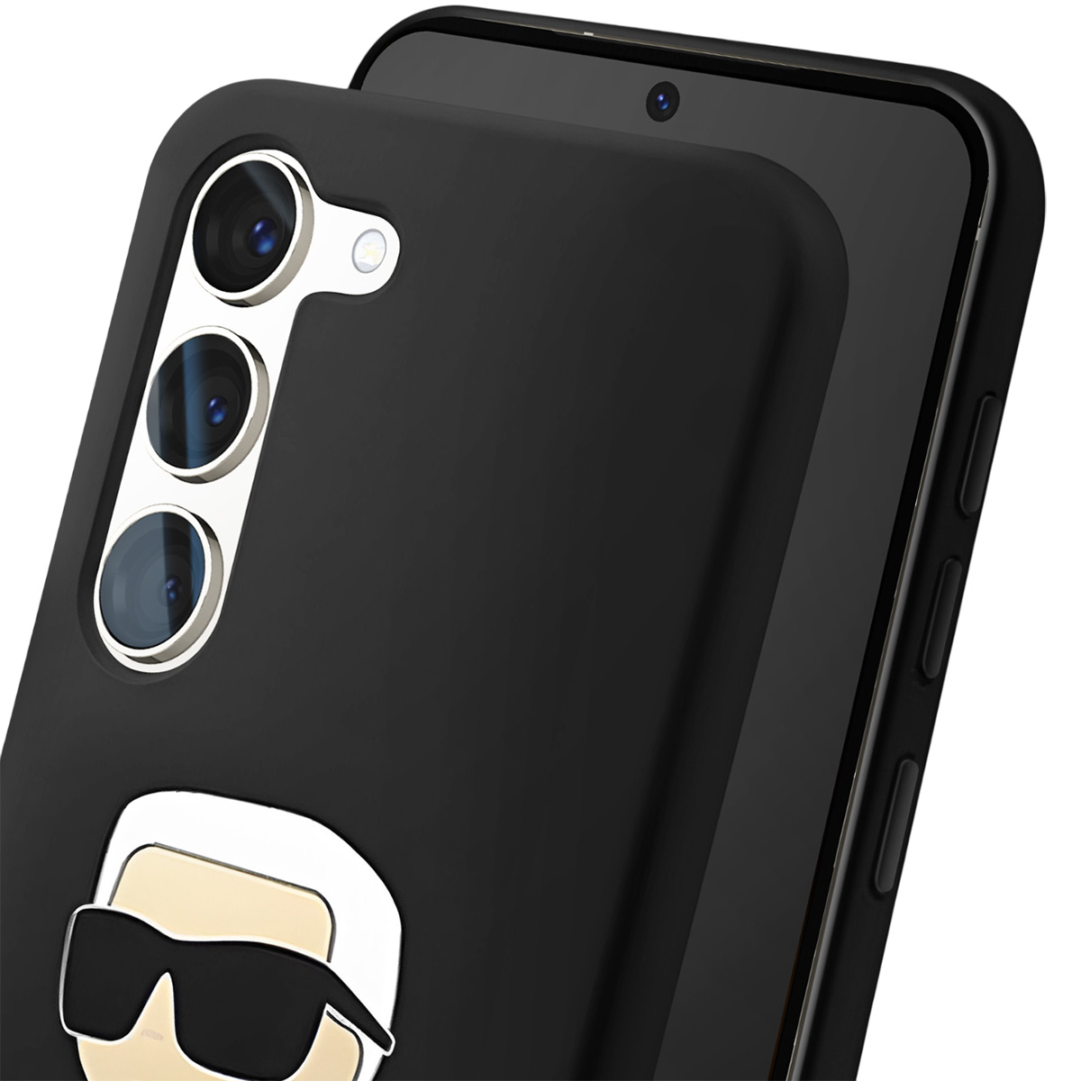 Viene visualizzato un telefono nero con custodia. La custodia ha l'immagine di una persona con occhiali da sole. Il telefono ha fotocamere.