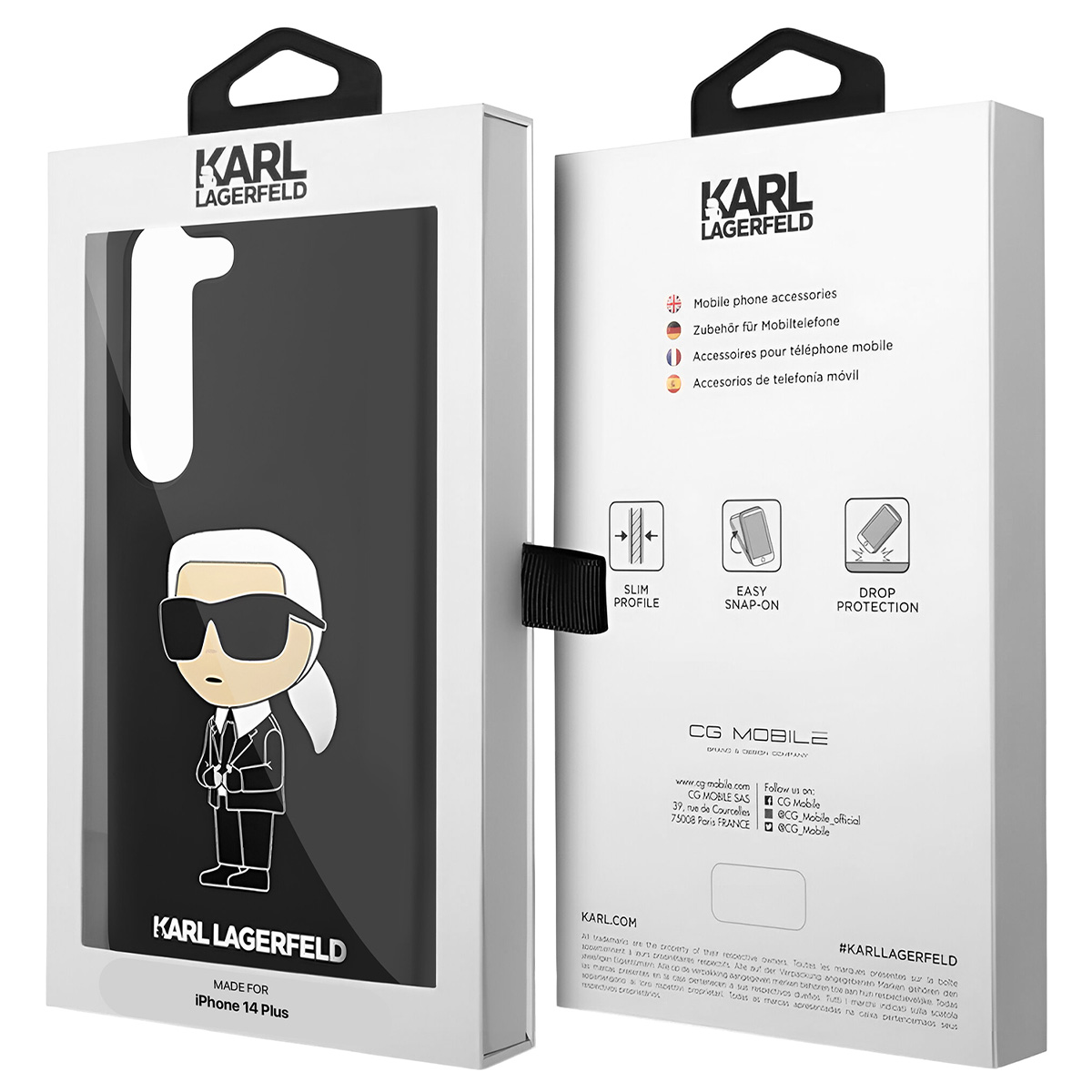Una scatola per custodia del telefono con design Karl Lagerfeld. Dice iPhone 14 Plus.