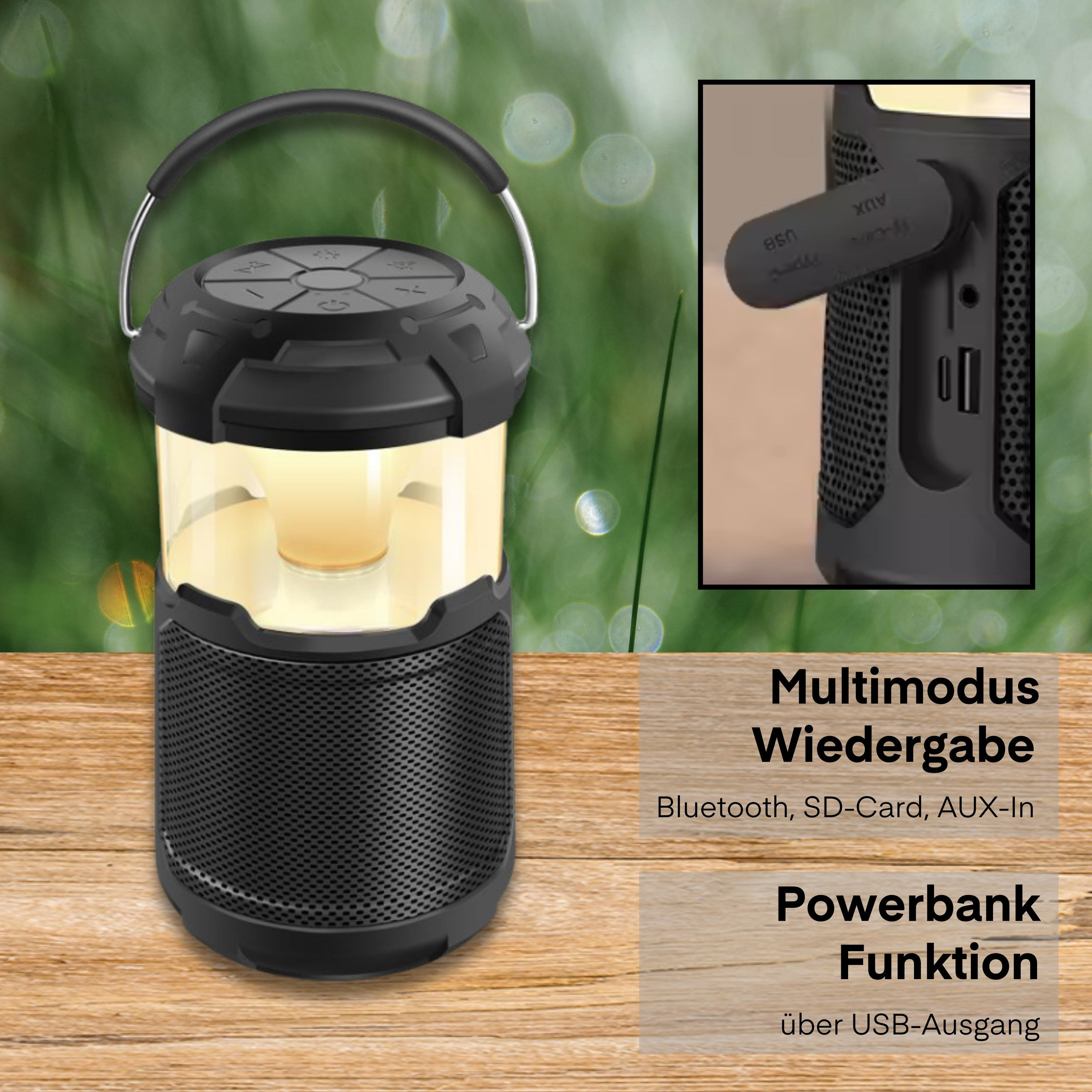 Schwarzer Lautsprecher im Laternenstil mit silbernem Griff. Zu den Merkmalen gehören Bluetooth, SD-Karte, AUX-Eingang und Powerbank-Funktion.