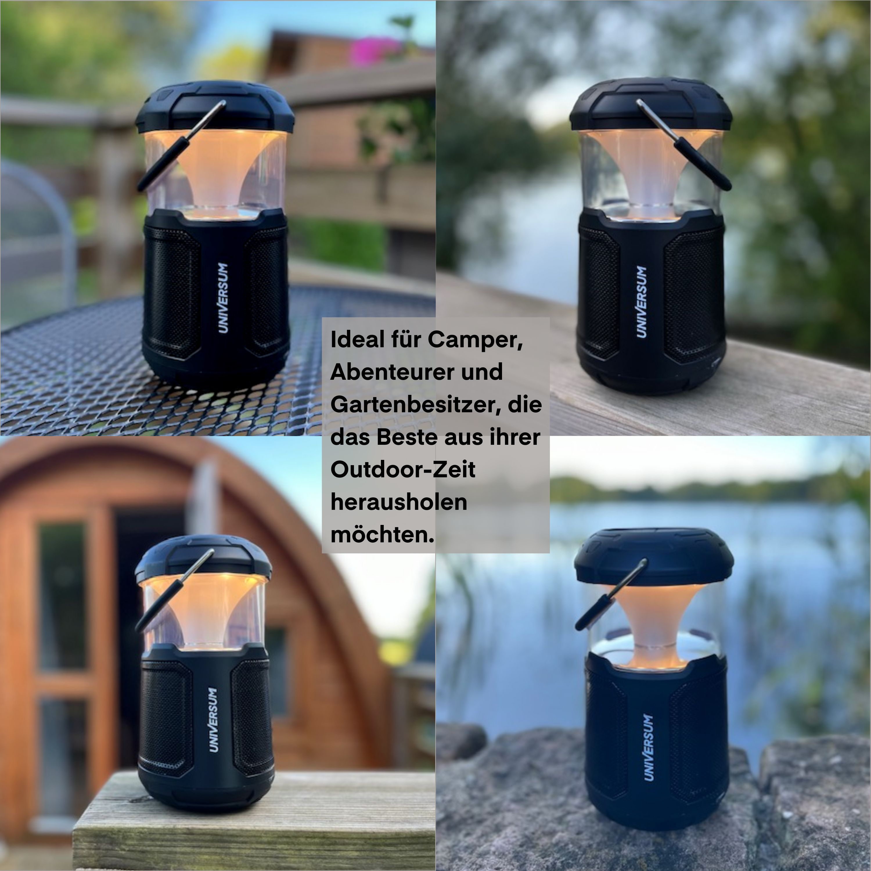 Schwarze Laterne mit Griff, transparentem Licht und dem Wort 'UNIVERSUM'. Verschiedene Hintergründe im Freien.