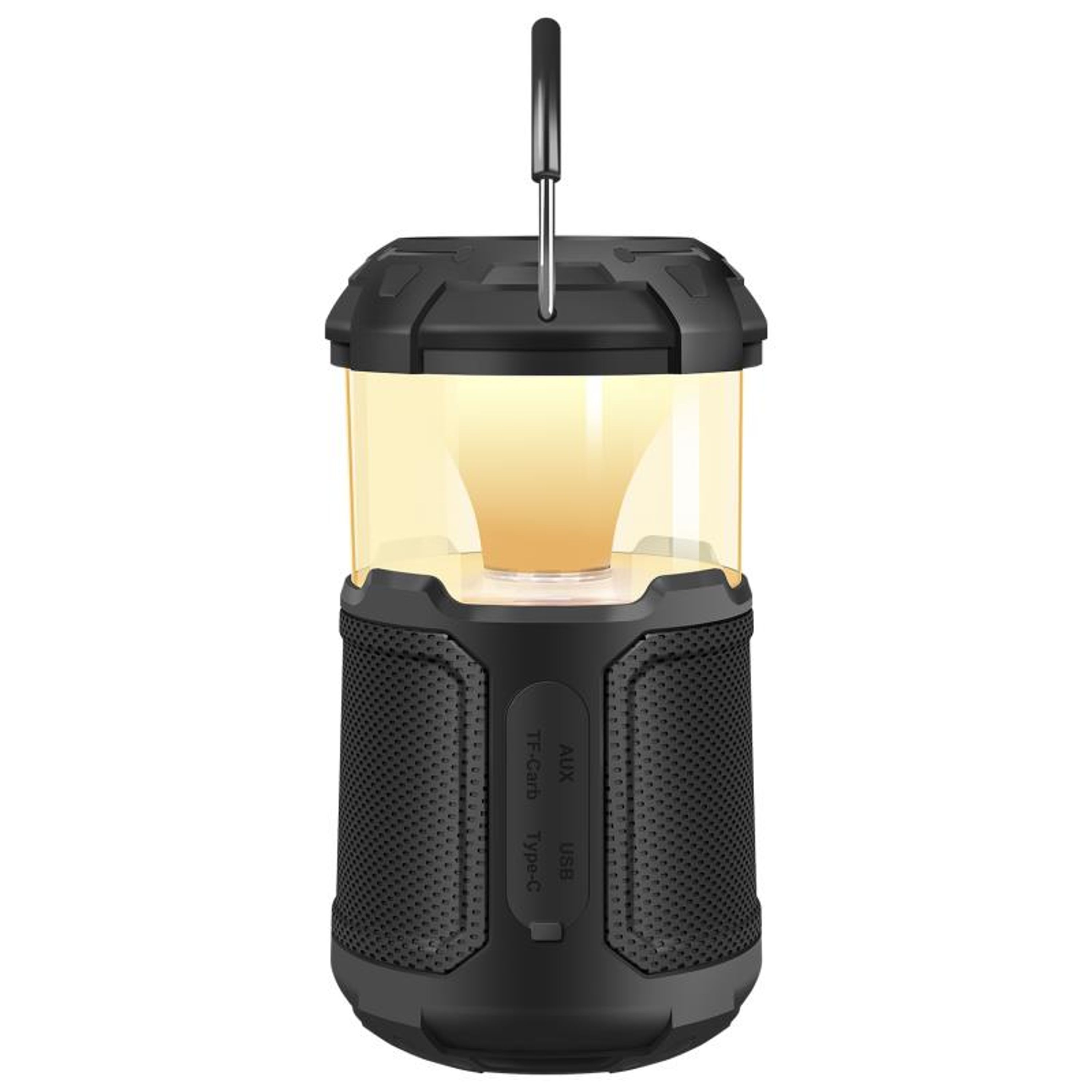 Schwarzer laternenförmiger Lautsprecher mit Metallgriff, gelbem Licht im Inneren und Anschlüssen. Es hat Mesh- und feste schwarze Teile.