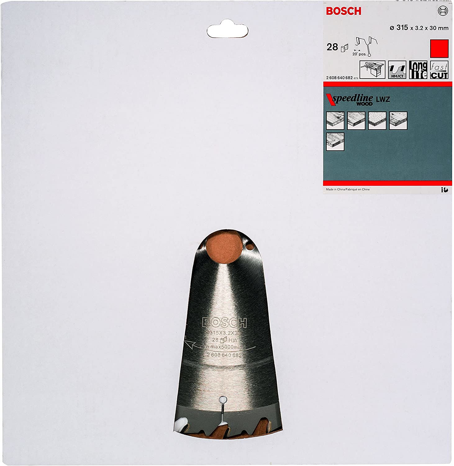 Bosch-Sägeblattverpackung. Enthält Sägeblatt, Verpackungsdetails und Produktinformationen.
