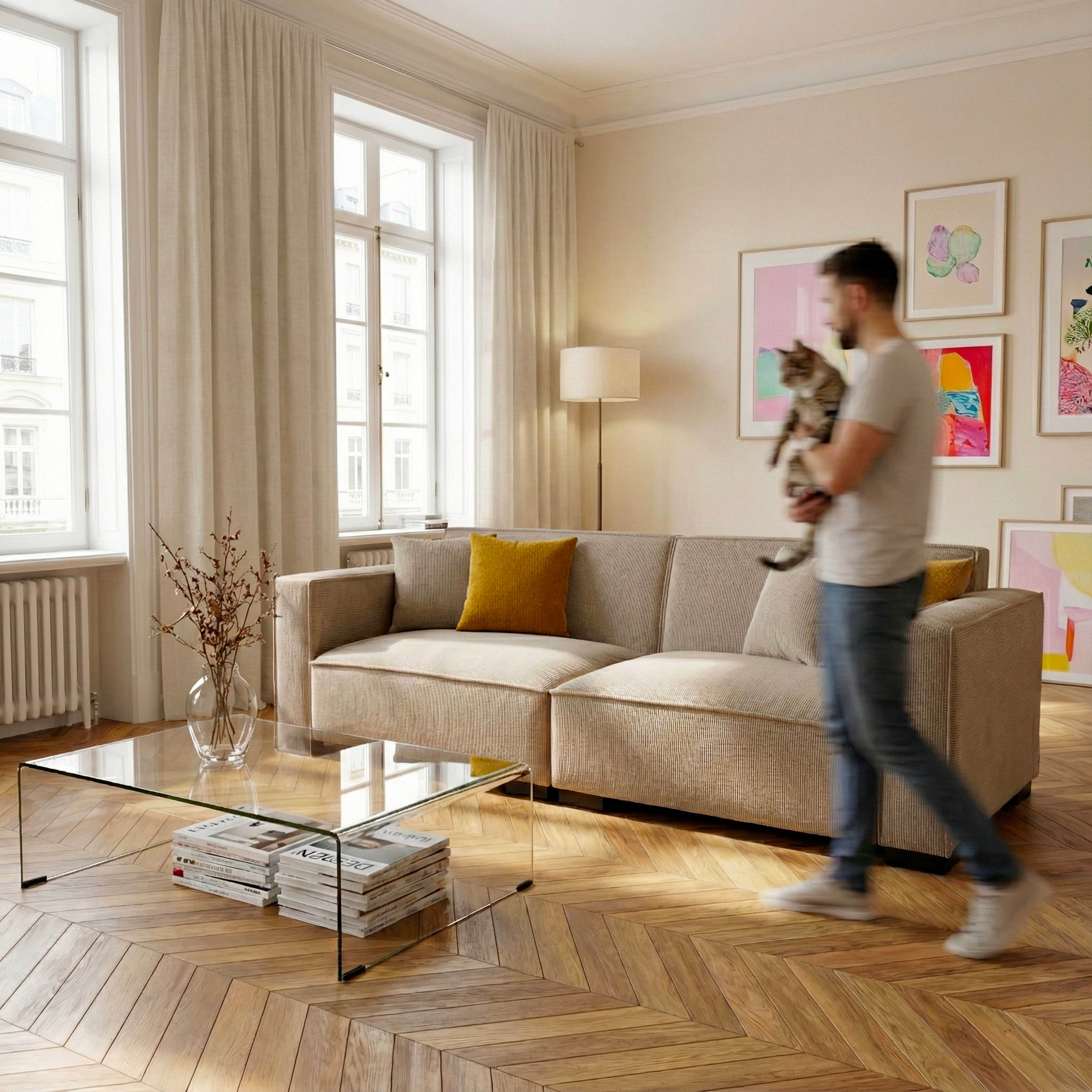 Ein Mann trägt eine Katze in einem Wohnzimmer. Es gibt eine Couch, einen Glastisch mit Zeitschriften und Kunst an der Wand.