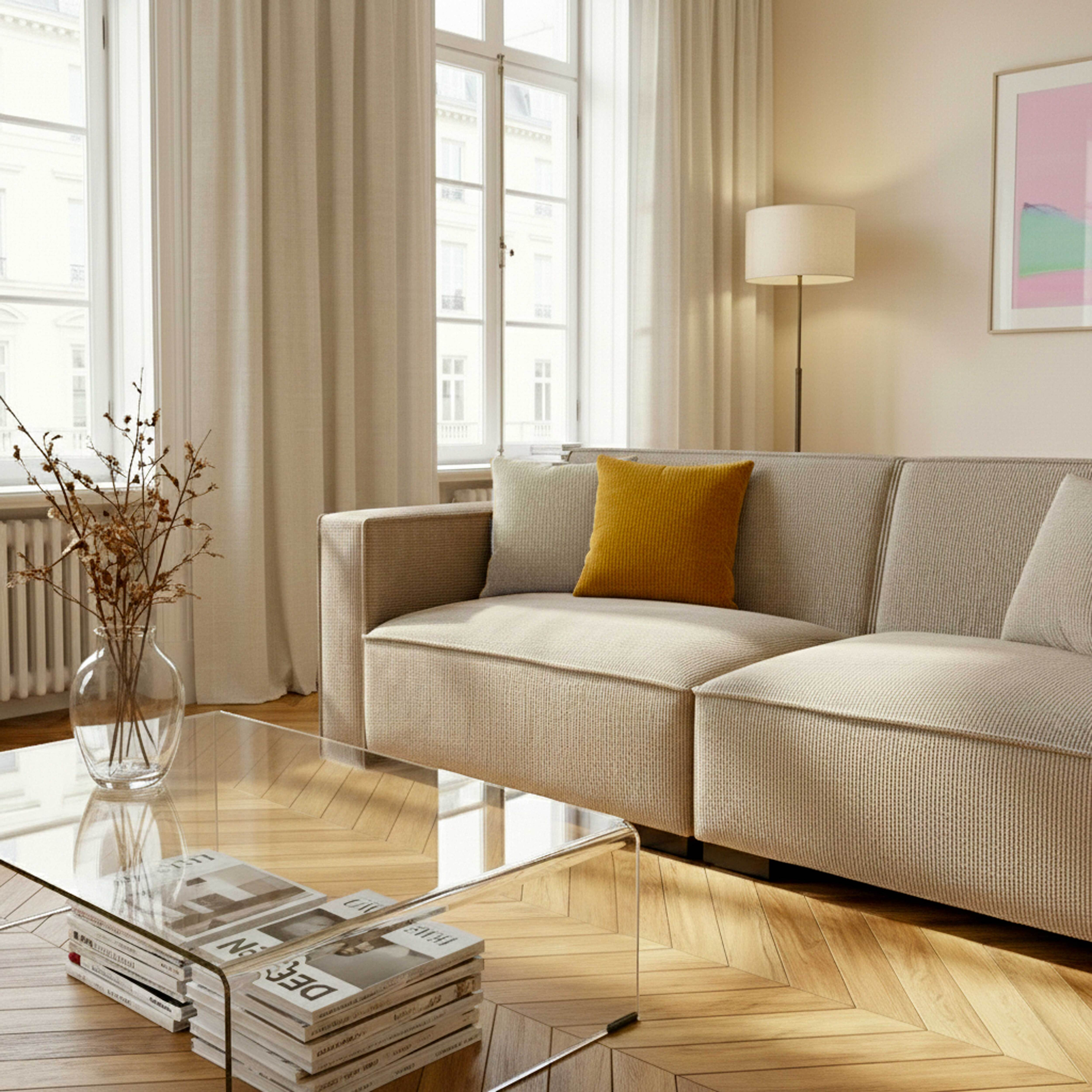 Ein modernes Wohnzimmer mit beigem Sofa, Glastisch und Holzboden. Ein gelbes Kissen sorgt für Farbtupfer.
