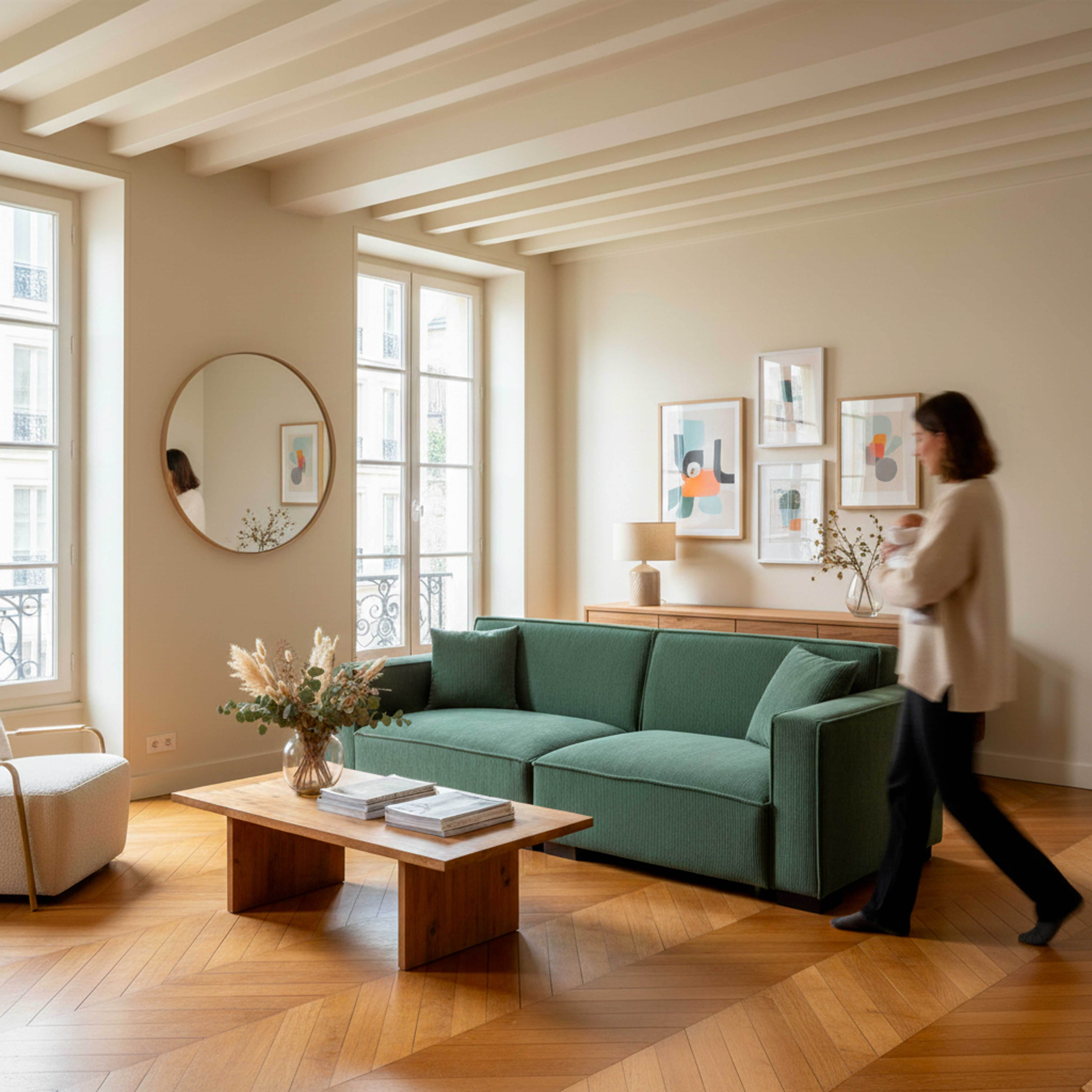Wohnzimmer mit grünem Sofa, Holztisch und einer Person, die geht. Kunstwerke und Spiegel an der Wand.