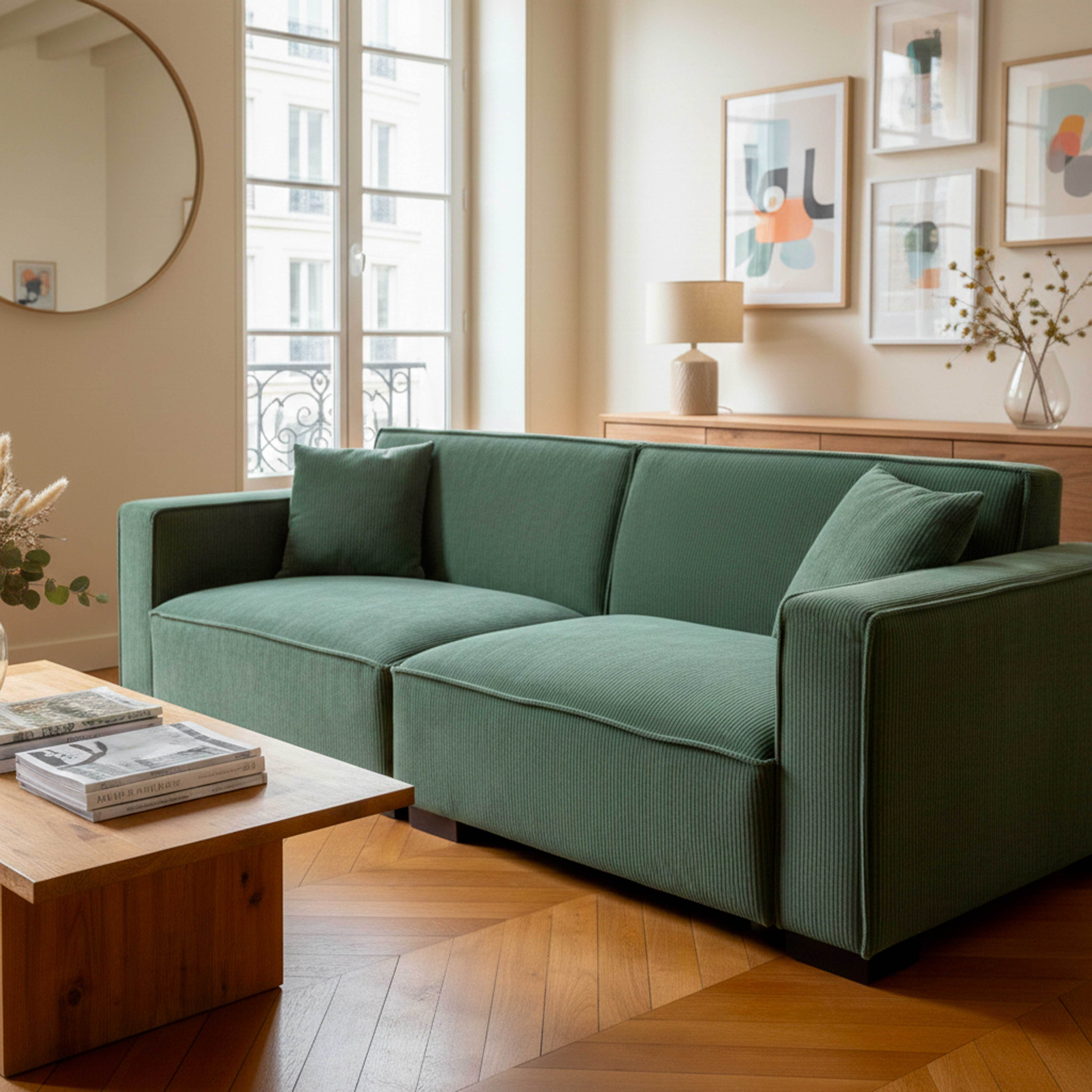 Ein grünes Sofa in einem Wohnzimmer. Ein Couchtisch mit Büchern. Dekorative Kunst an der Wand.