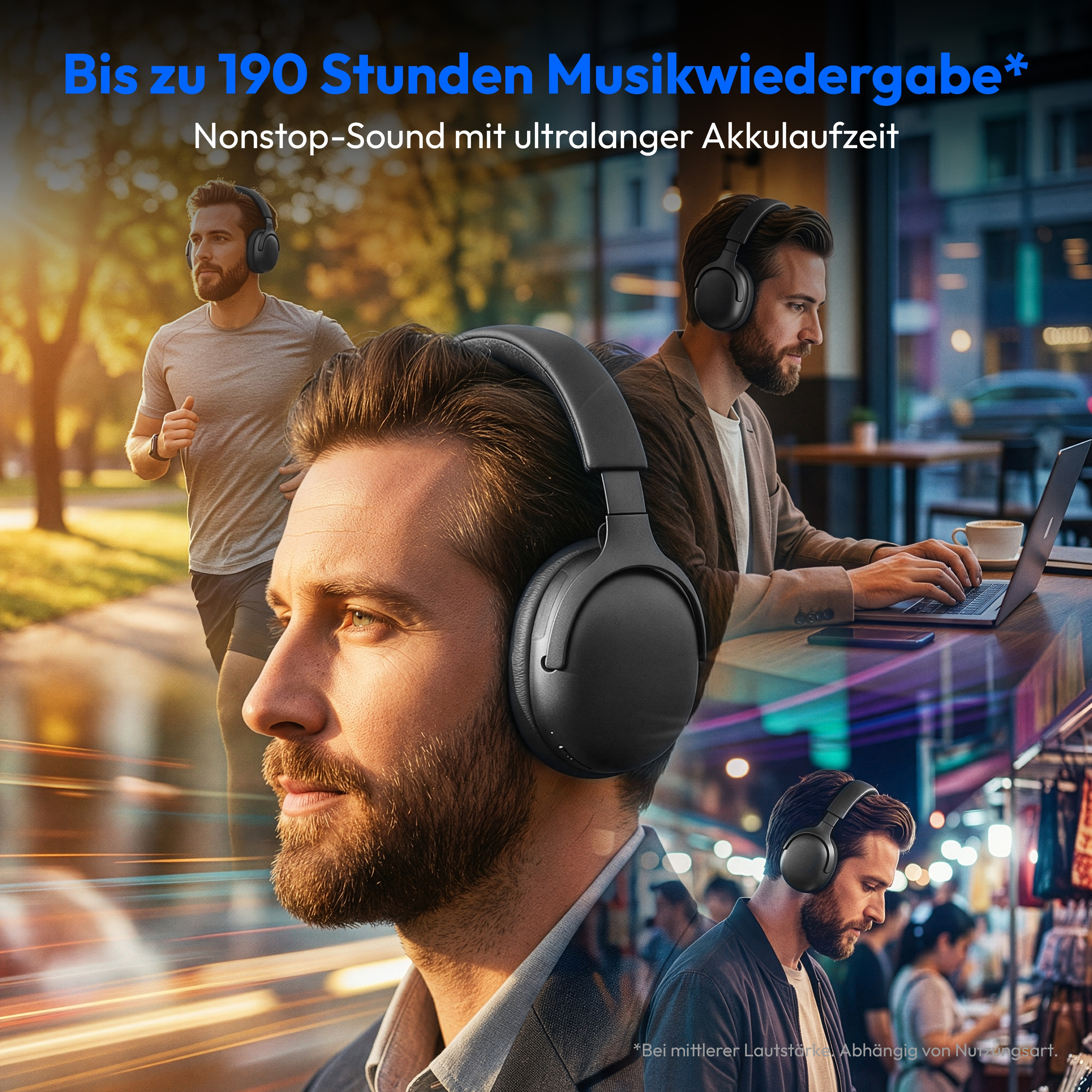 Afbeelding toont een man met een koptelefoon, andere mannen in verschillende omgevingen. Tekst: tot 190 uur muziek afspelen.