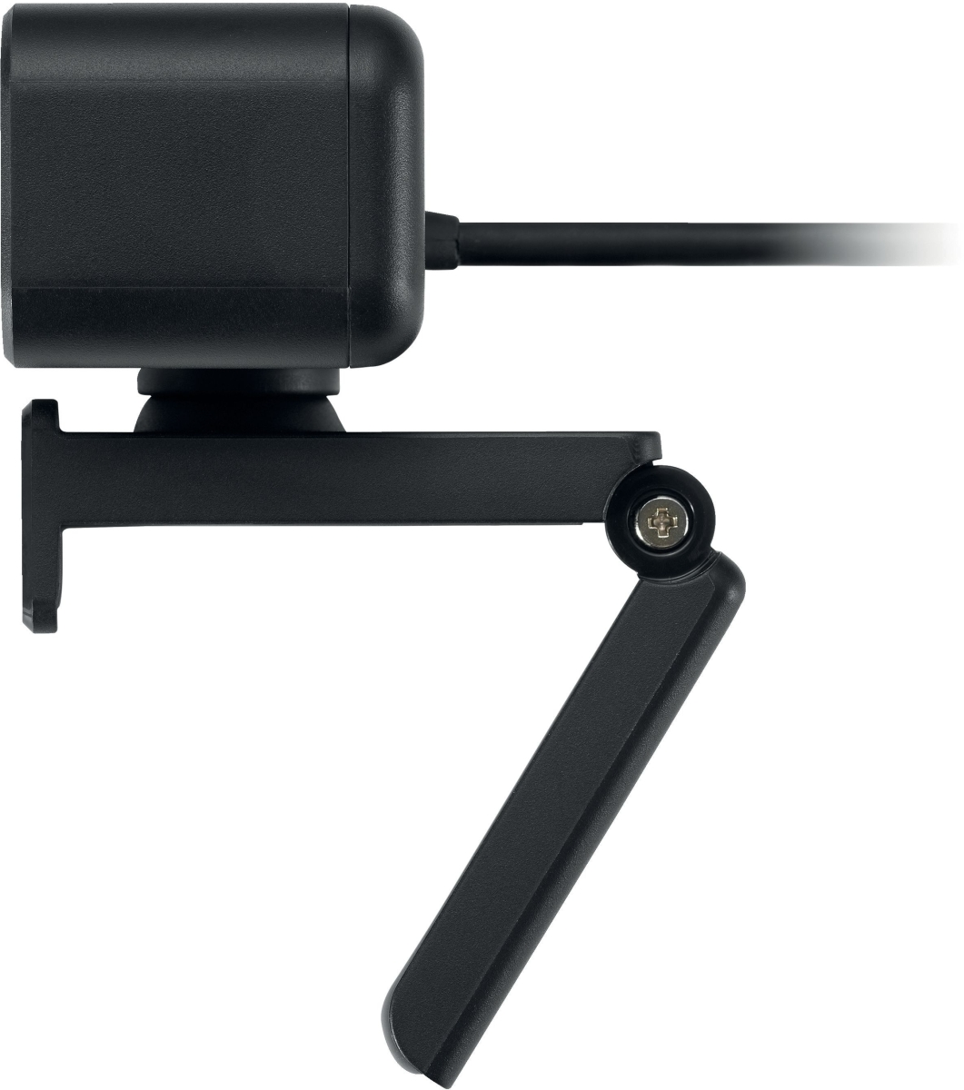 Czarna kamera internetowa z prostokątnym korpusem, zamontowana na regulowanym czarnym statywie, z czarnym kablem.